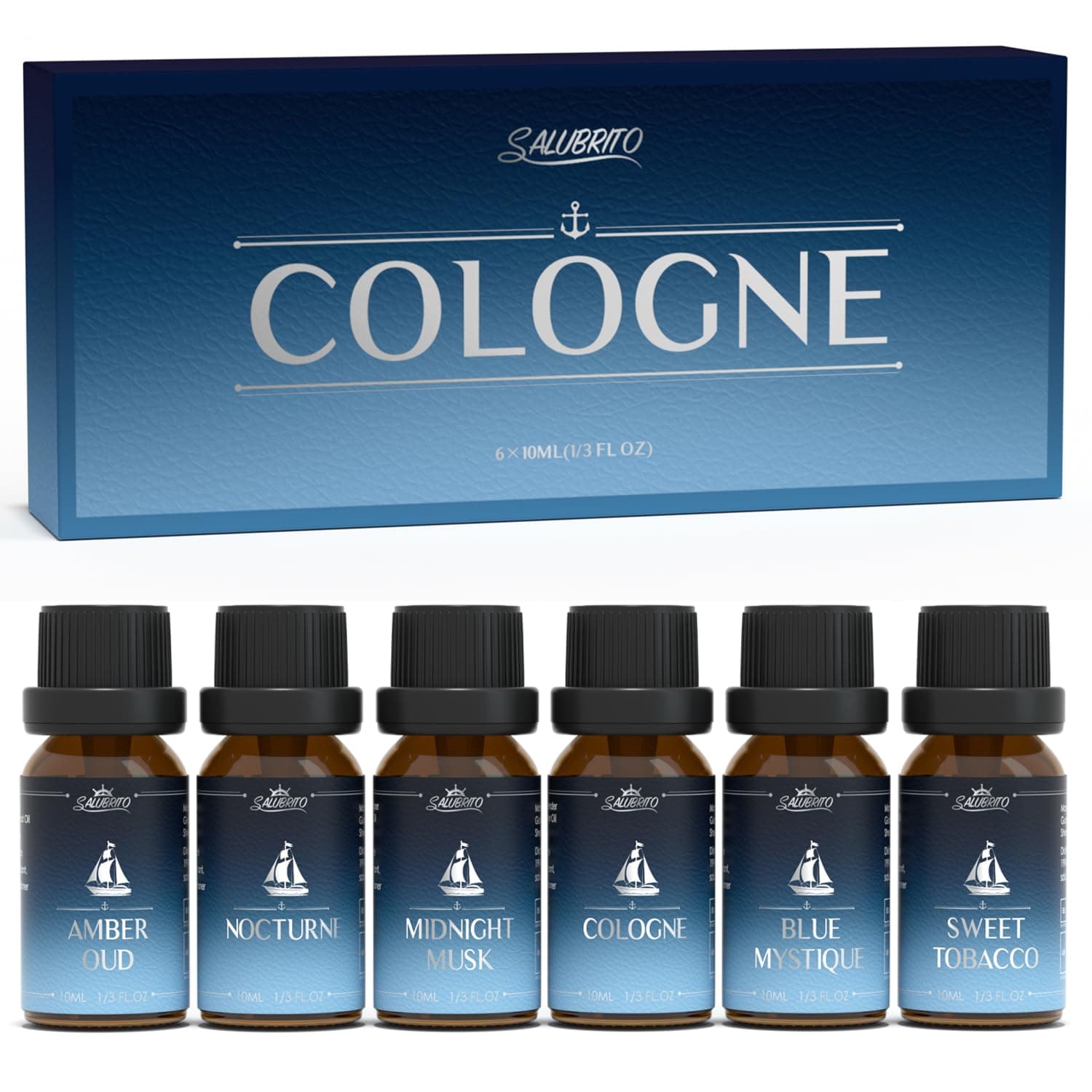 SALUBRITO Cologne Fragrance Oils, Premium Essential Oil Set for Diffuser, Soap, Candle Making Scents, Amber Oud, Midnight Musk, Blue Mystique, Sweet Tobacco, Nocturne, Cologne