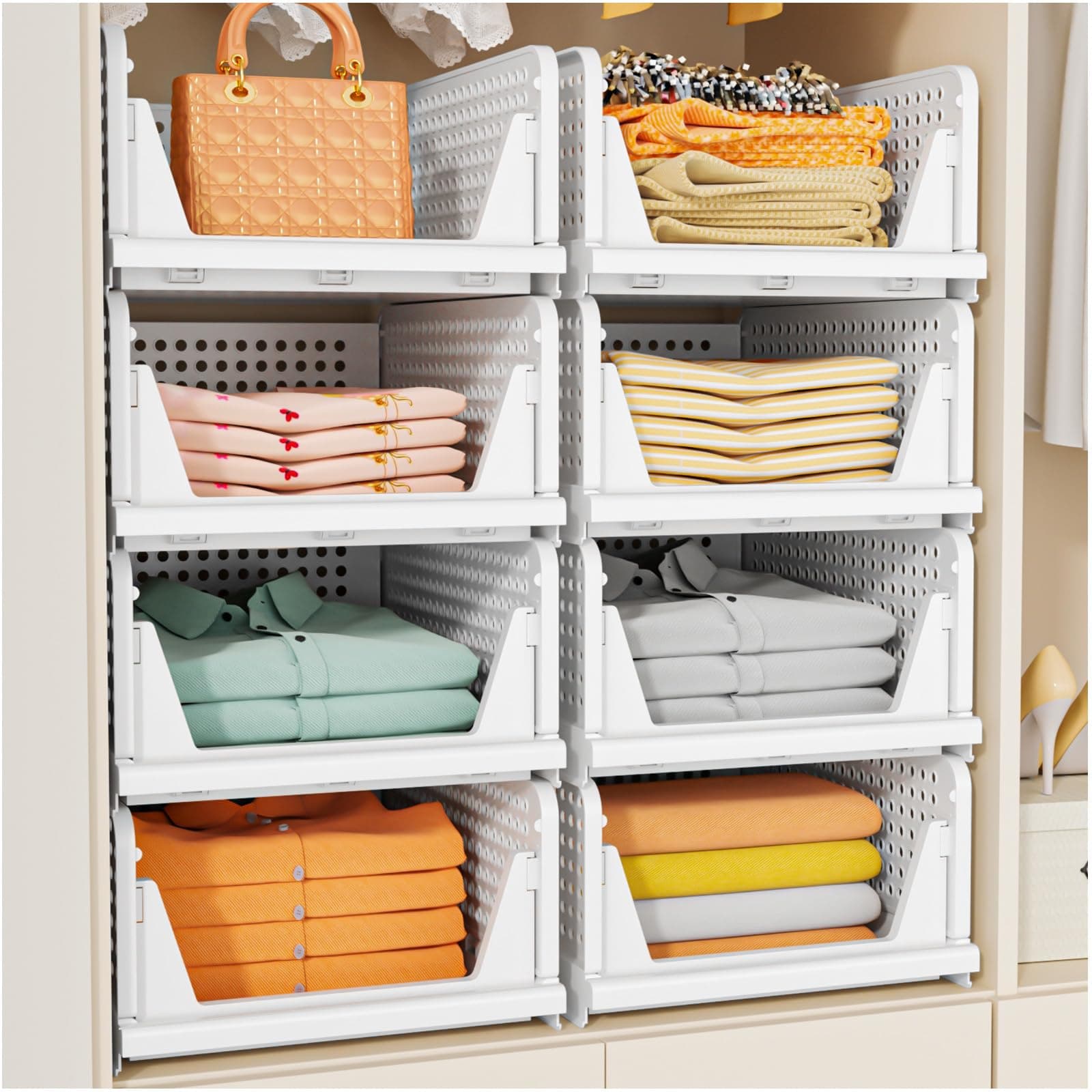 SNSLXH 5 Pack Stackable Closet Storage Boxes, Multifunctional & Foldable Closet Organizer for Bathroom Kitchen Laundry Room Wardrobe Storage, Space-Saving Wardrobe Storage Drawer Organizer, White