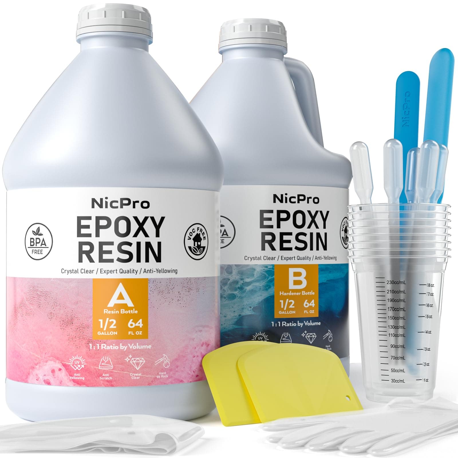 1 Gallon/128OZ Crystal Clear Epoxy Resin Kit, High Gloss & Bubbles Free Resin Supplies for Art Coating and Casting, Craft DIY, Wood, Tabletop,Molds, River Tables with Cups, Sticks, Gloves