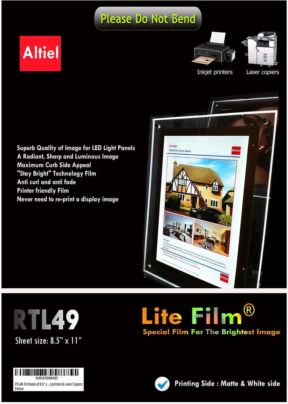 RTL49] Lite Film 10 sheets of 8.5" x 11", Translucent Backlit Film sheets, Back Lit Paper Sheets for LED Lightboxes, Suitable for Inkjet printers or Laser copiers