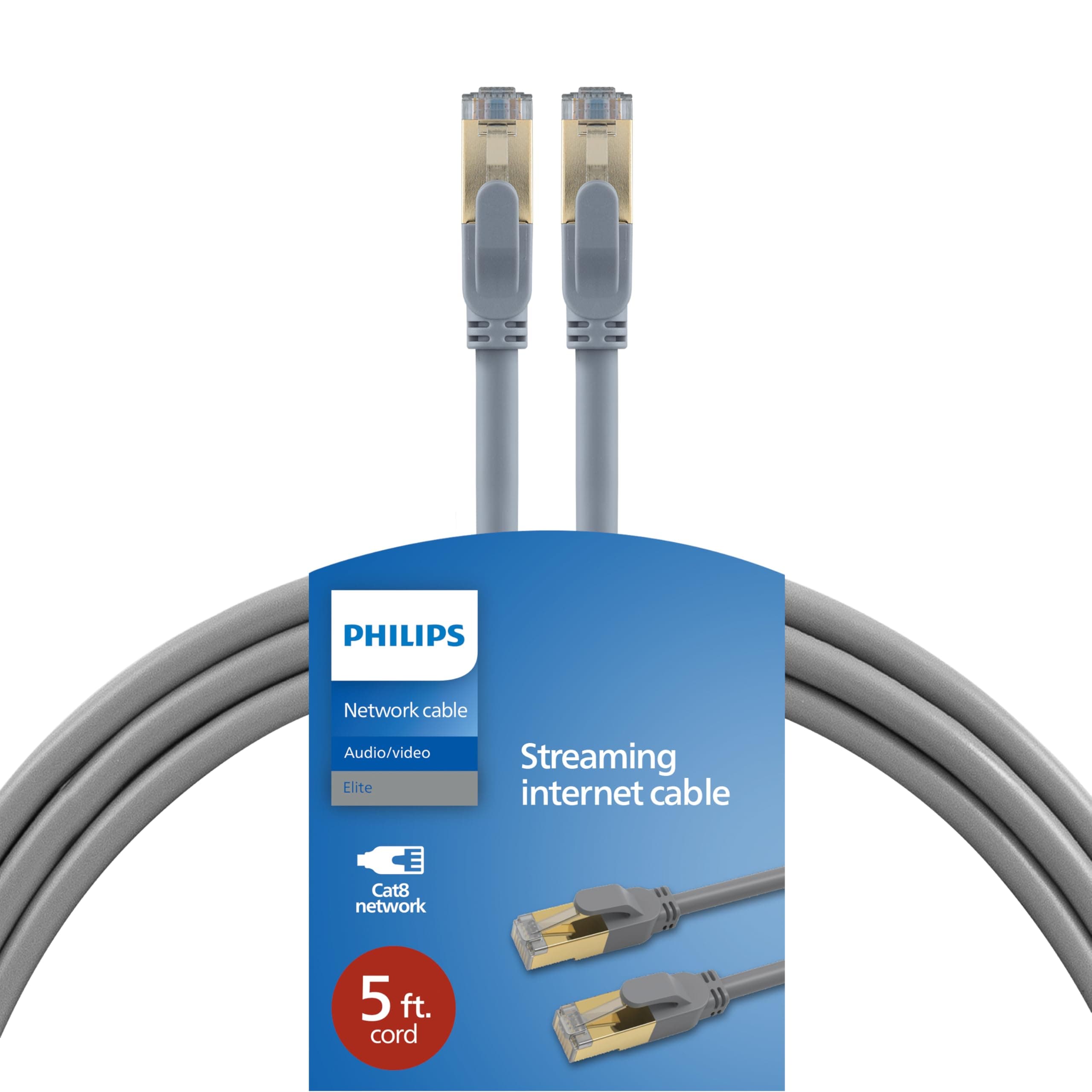 Philips Cat8 Ethernet Cable, Long 5 Ft Cord, 40 Gbps, 2000Mhz, RJ45M Connector, SSTP, for Computer, Game Console, Cable/DSL Modem, Network Switch, Streaming Device, Gray, SWR3523GR/37