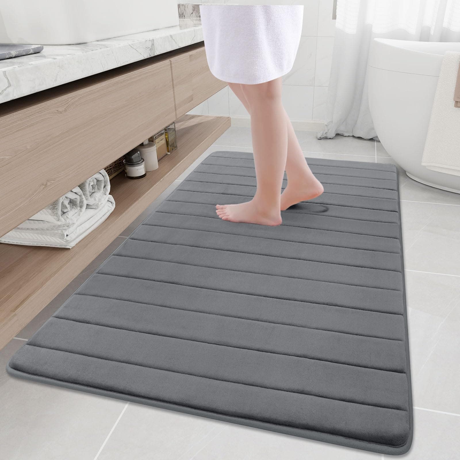 Buganda Memory Foam Bath Mat, 59" x 34", Ultra Soft and Non-Slip Bathroom Rugs, Water Absorbent and Machine Washable Bath Rug Runner for Bathroom, Shower, and Tub, Grey