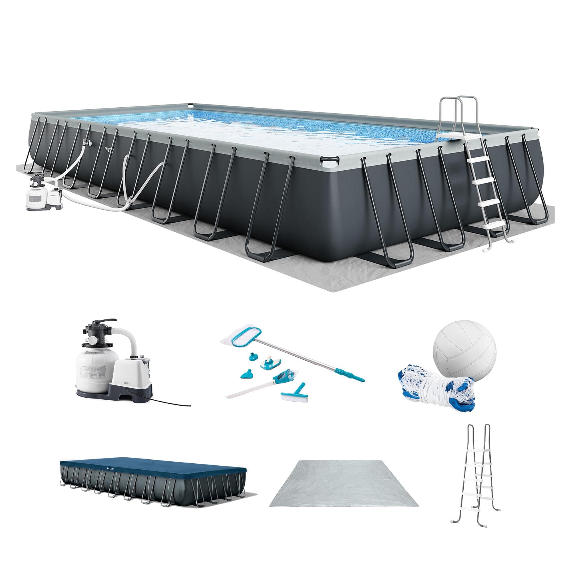 INTEX Ultra XTR 32 ft x 16 ft 52 in Above Ground Pool Set, Rectangular Swimming Pool with Sand Pump, Saltwater System, Maintenance Kit, & Volleyball Game