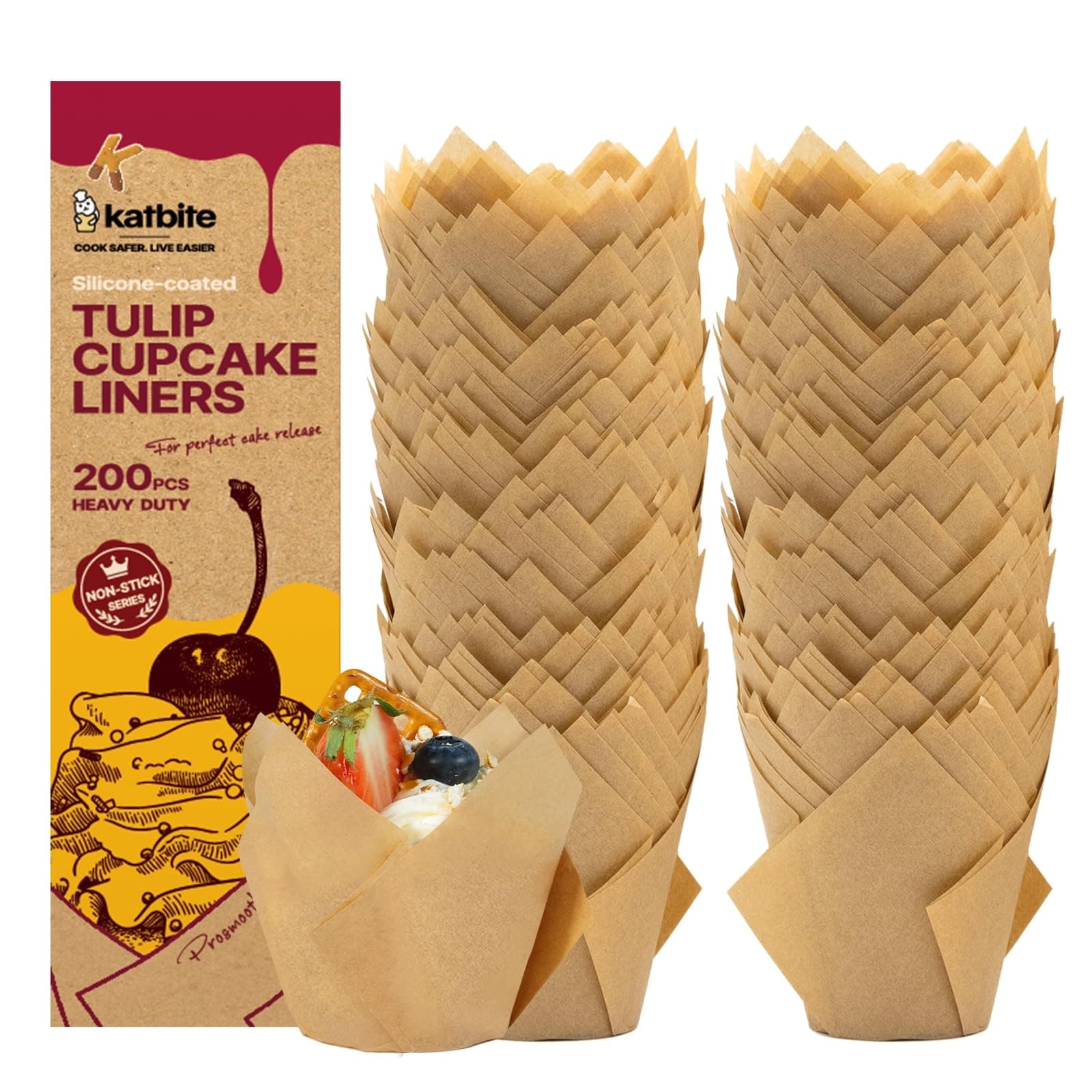 Katbite Tulip Cupcake Liners 200PCS, Muffin Baking Cups ProSmooth Brown
