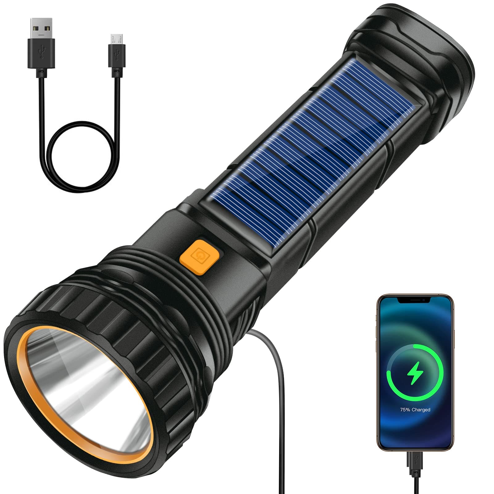 Solar LED Torch, USB Torch Rechargeable with 3 Lighting Modes, Hand Tools Torches for Kids Camping, Waterproof Flashlight for Power Cuts, Emergency, Camping, Hiking, Outdoor