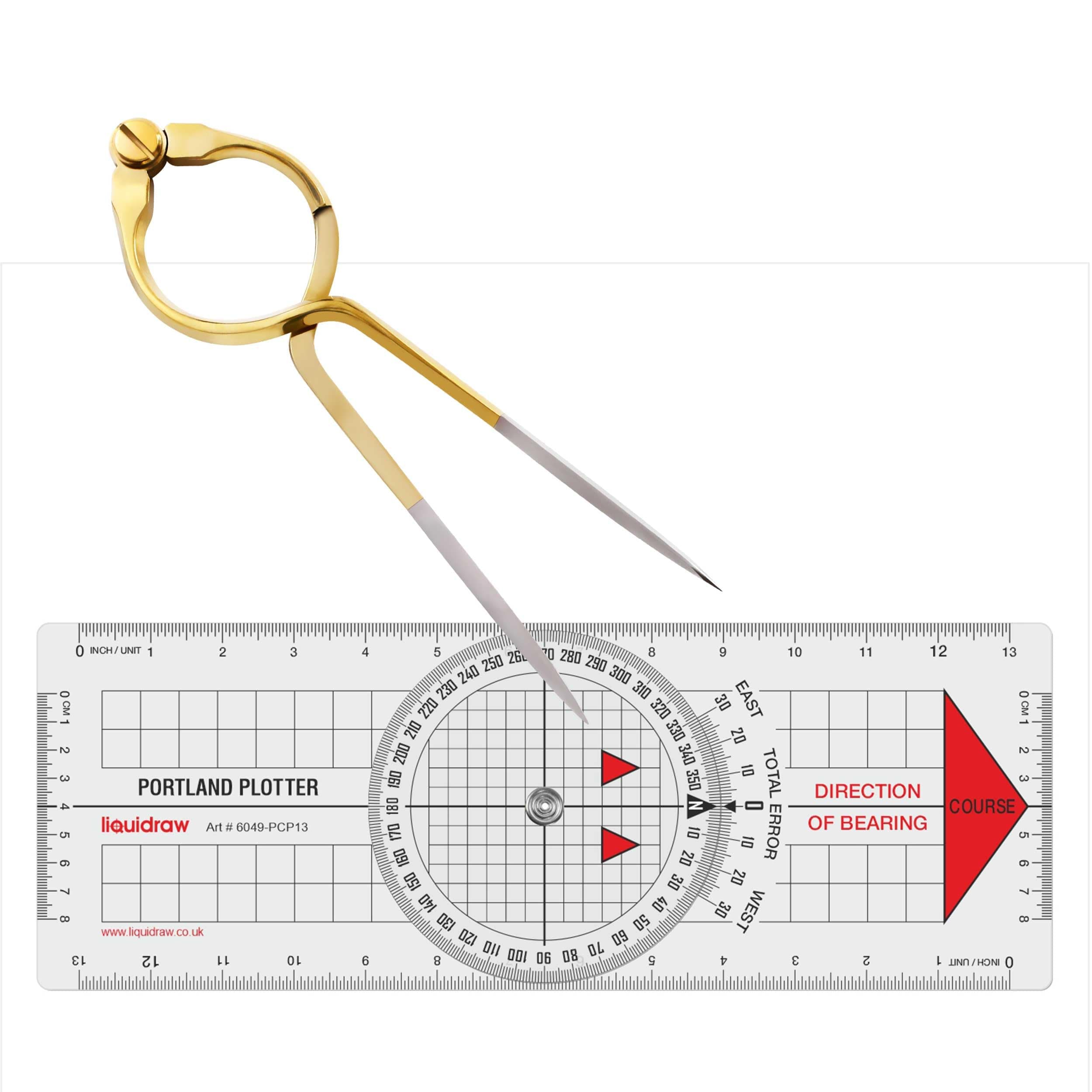 Liquidraw Portland Course Plotter with Marine Protractor & 8" Single-Handed Brass Divider | Nautical Navigation Tool Set for Chart Plotting, Measuring, Sailing | Clear Acrylic Ruler with Bold Markings