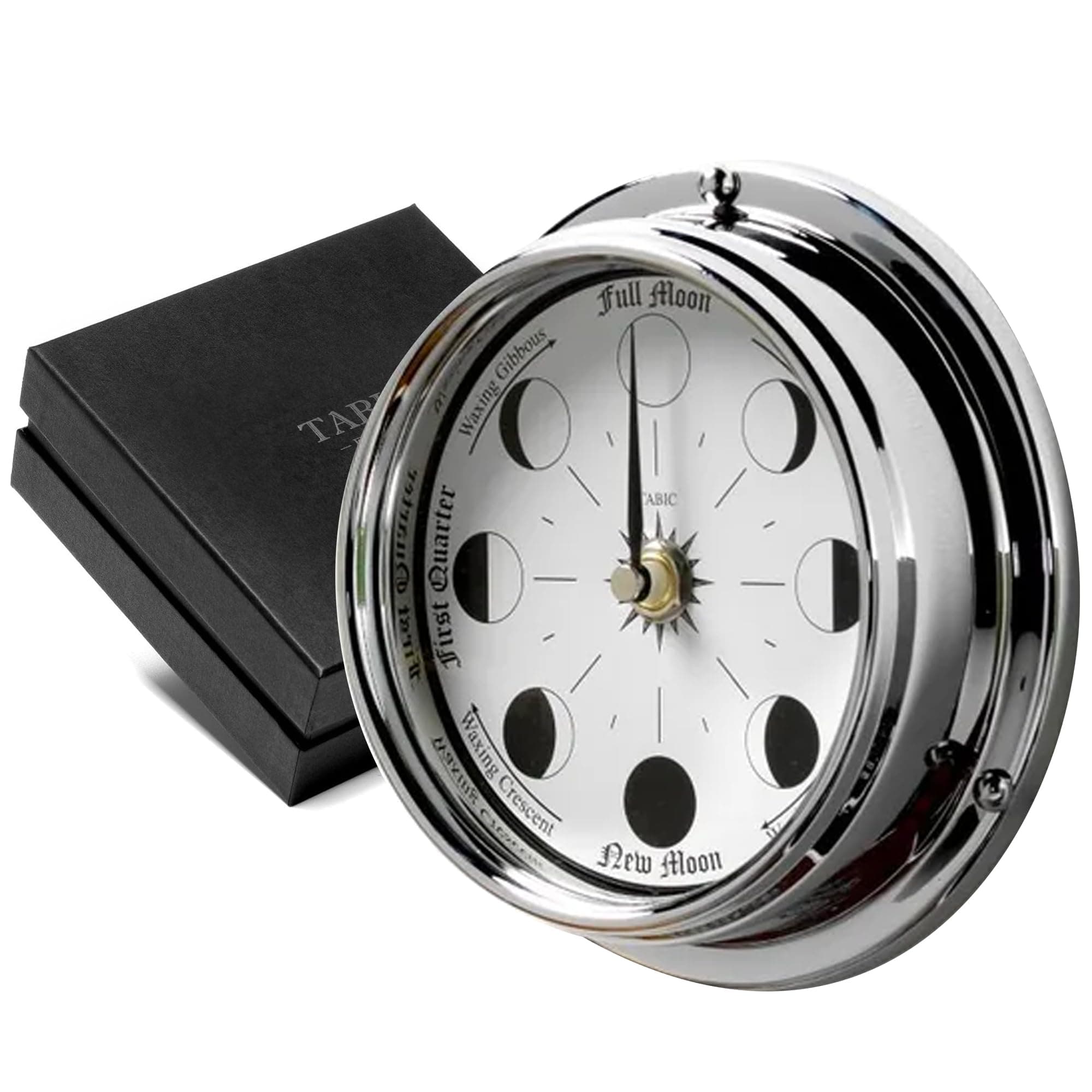 Handmade Chrome Moon Phase Clock in Solid Brass case - Elegant Full Moon Wall Clock with white dial, Perfect Decorations and Gift