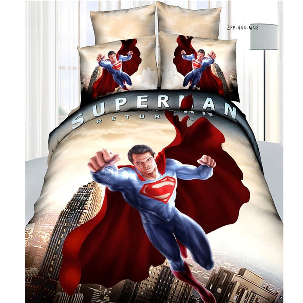 16goodmall Queen Size 3D Character Superman Prints 4pcs Queen Size 100% Cotton 800 Thread Count Bedding Sets Duvet Cover Set Bed Cover Set