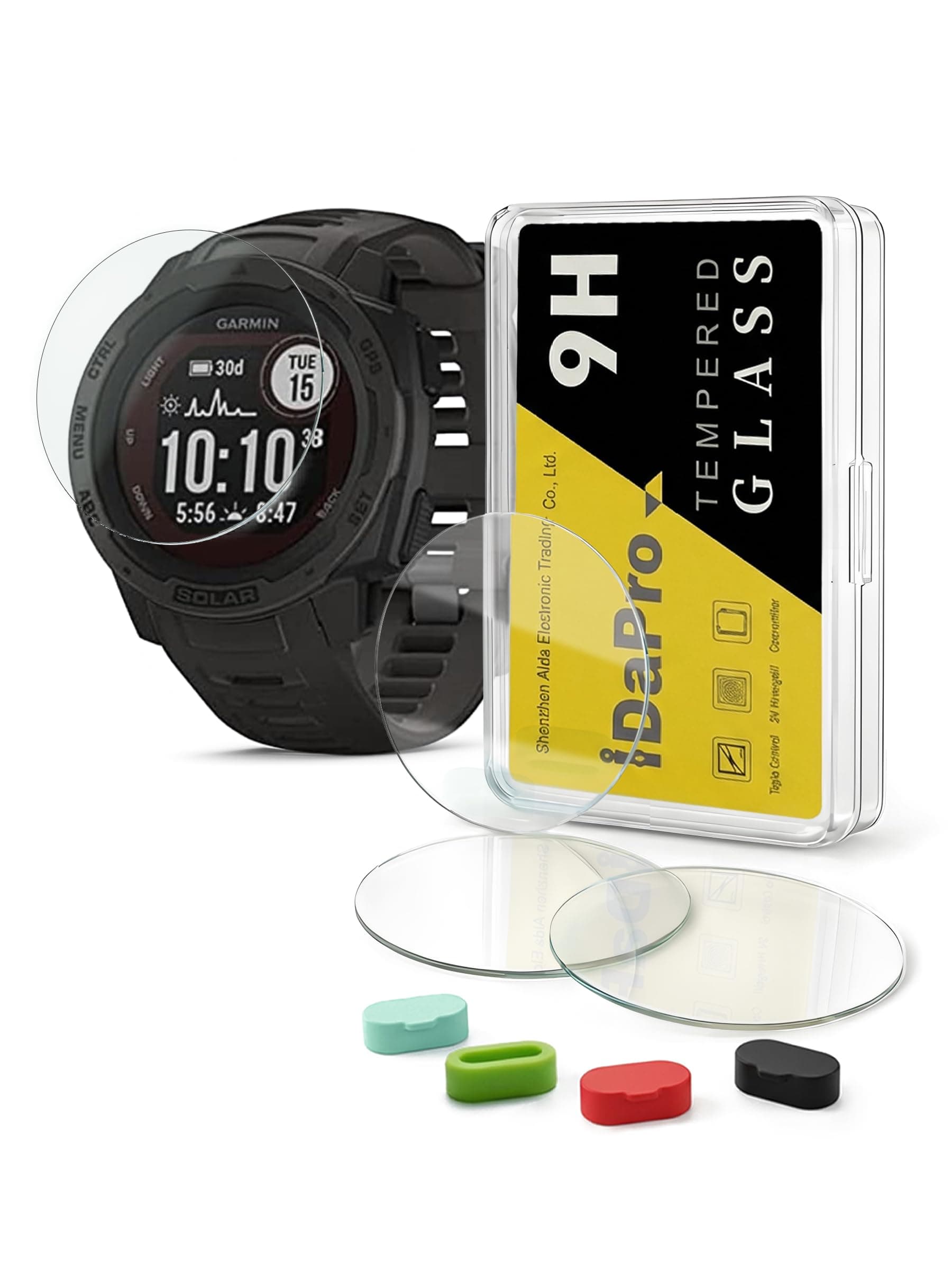 4+4 Pack Screen Protector for Garmin Instinct Solar Tactical/Instinct Tactical smartwatch with Silicone Anti-dust Plugs,9H Tempered Glass Protection Kit in Reusable Storage Case,Anti-Scratch,Bubble-Free
