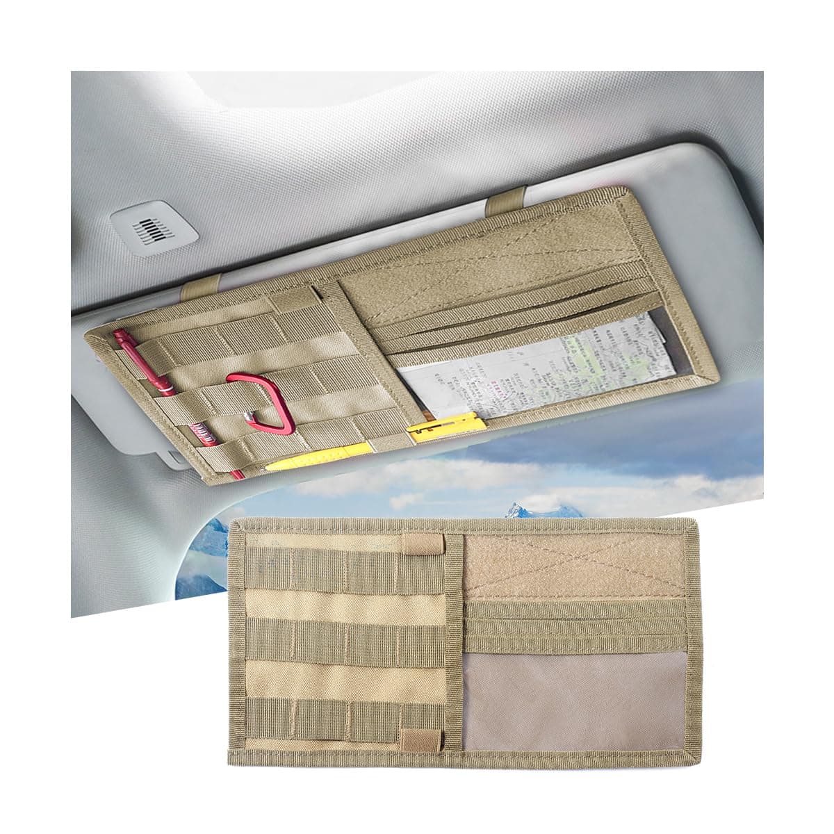 zipeloCar Sun Visor Organizer, Tactical Visor Panel Storage Pouch Holder, Nylon Sunshade Pocket with Velcro Strap for Pen Card Sunglasses, Universal Interior Accessories for Car Truck SUV (Khaki)