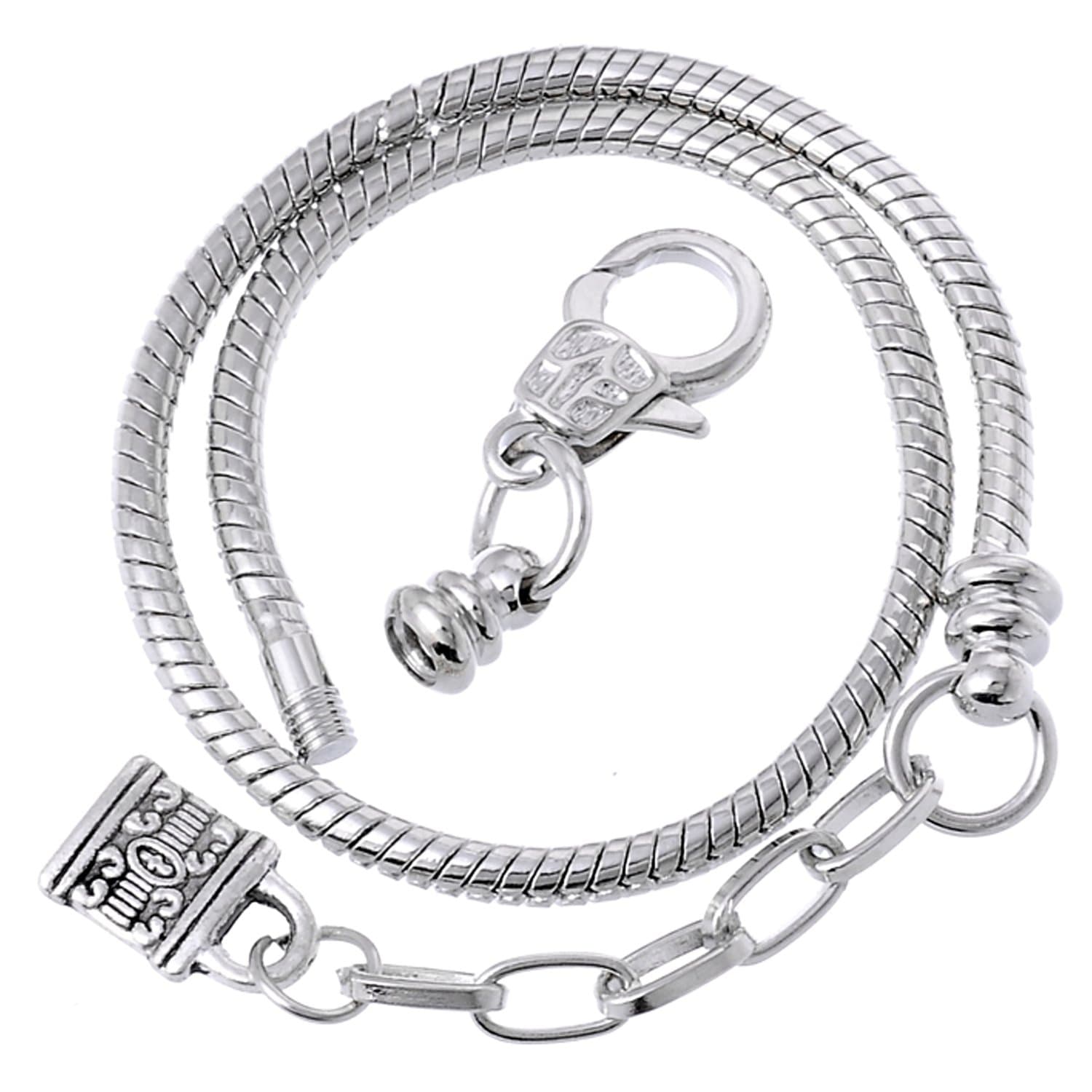 RUBYCA 5pcs 7.5" Lobster Clasp Lock Pendant Bead Snake Chain European Charm Bracelet Silver Tone