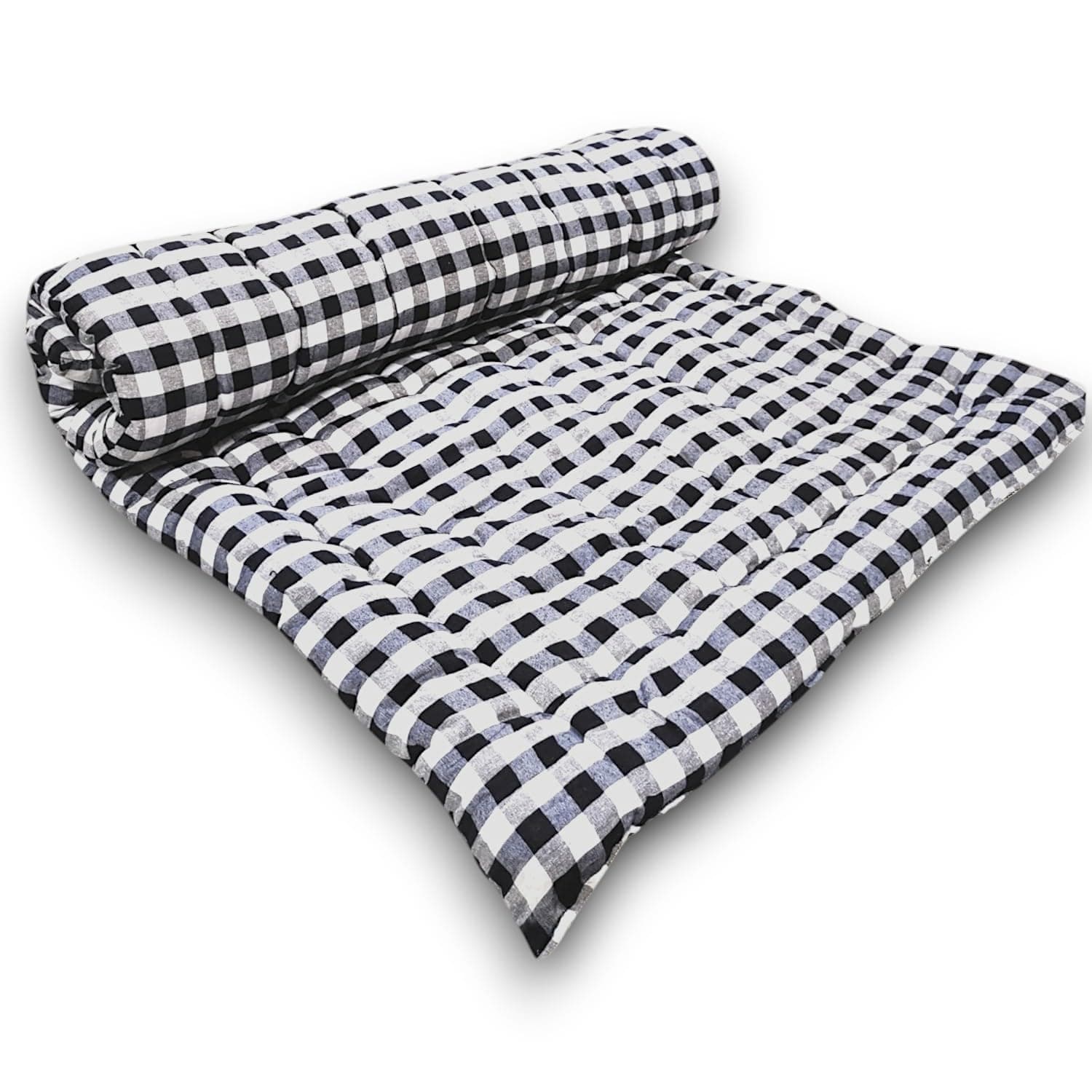 Soft Thick Premium Cotton Quilt|Movable Foldable Rollable Light Weight Filled Single Firm Cotton Mattress Ghingam Plaid,1 Sleeping Capacity,Black&White Check (48X72 in, Queen)