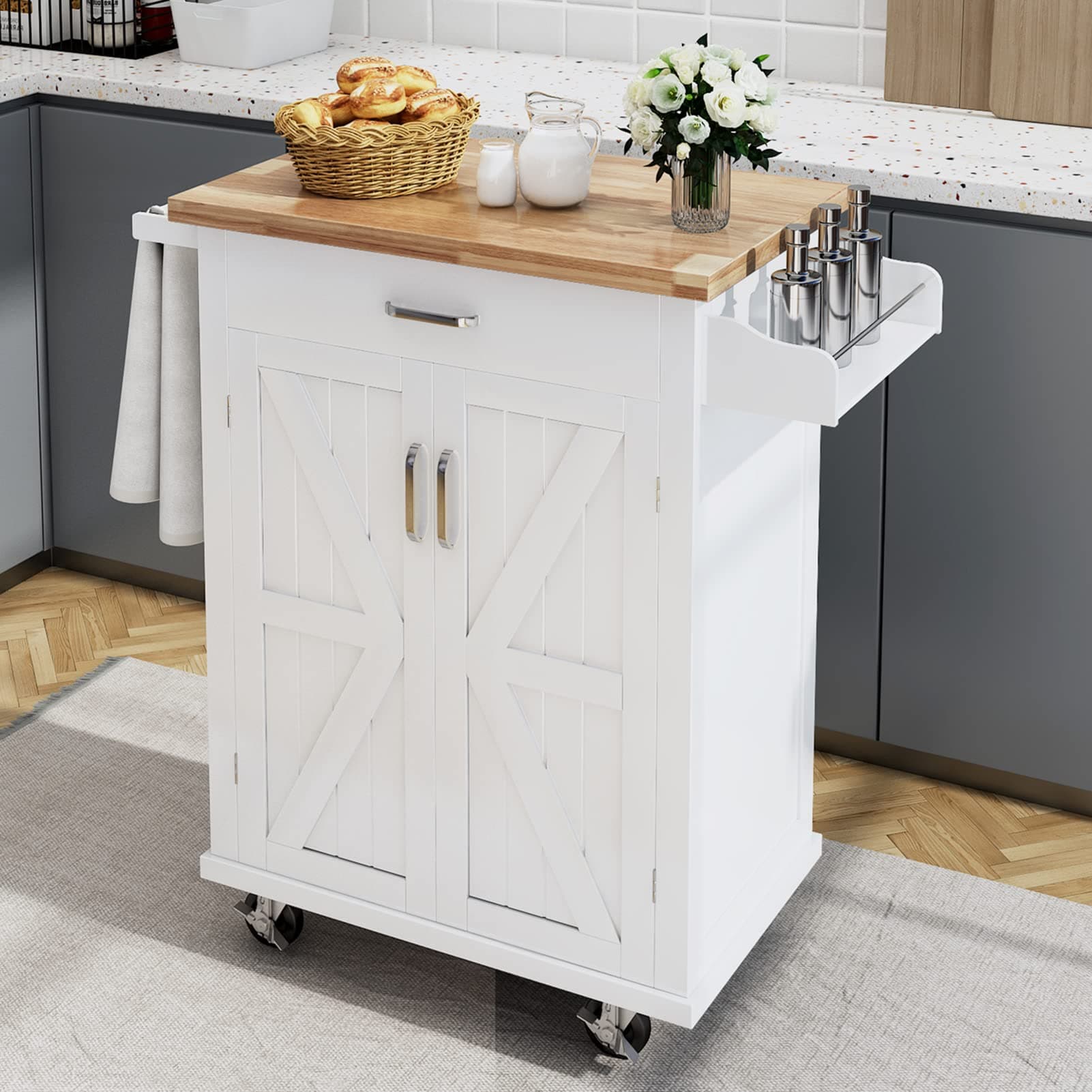 Gitua Rolling Kitchen Island with Spice Rack Towel Holder, Kitchen Carts on Wheels with Storage Drawer, Island Table for Kitchen with Rubber Wood Top, White