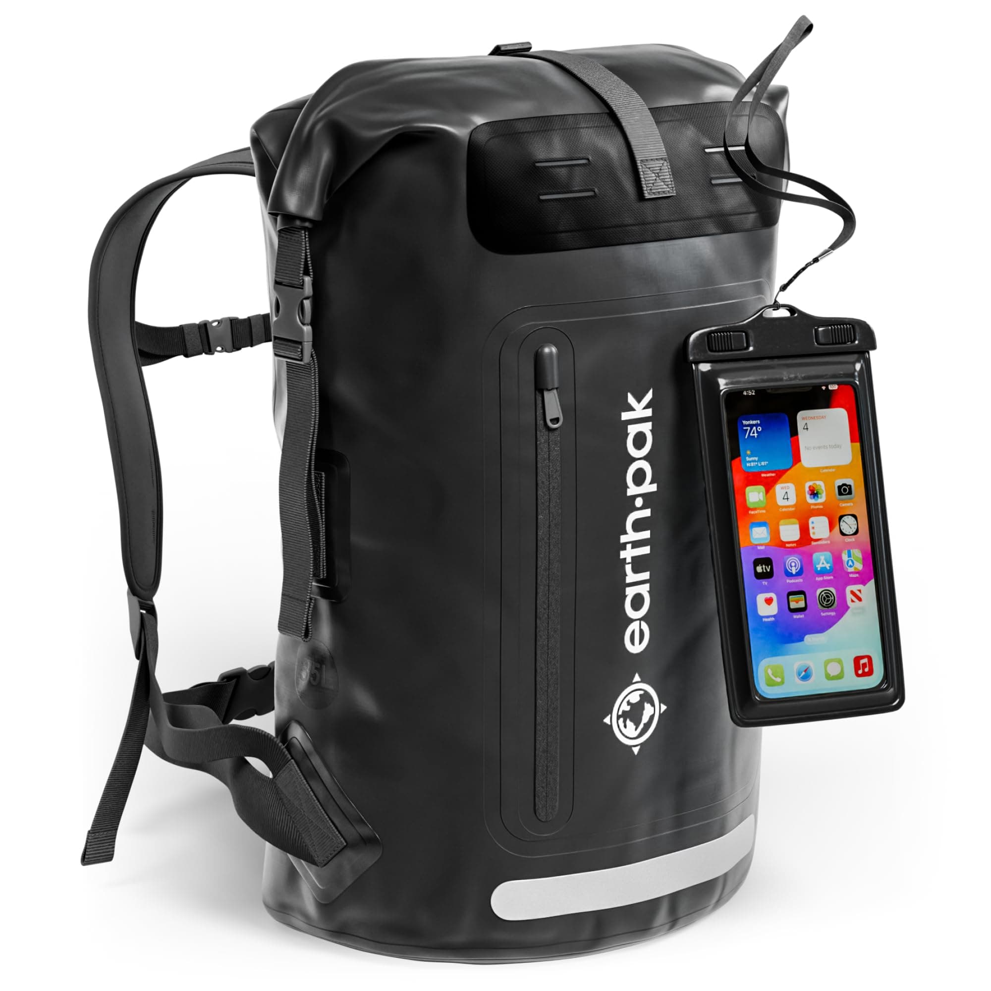 Waterproof Backpack with Roll-Top Closure, Front Pocket, Cushioned Back Panel & Phone Case (Black, 35L)