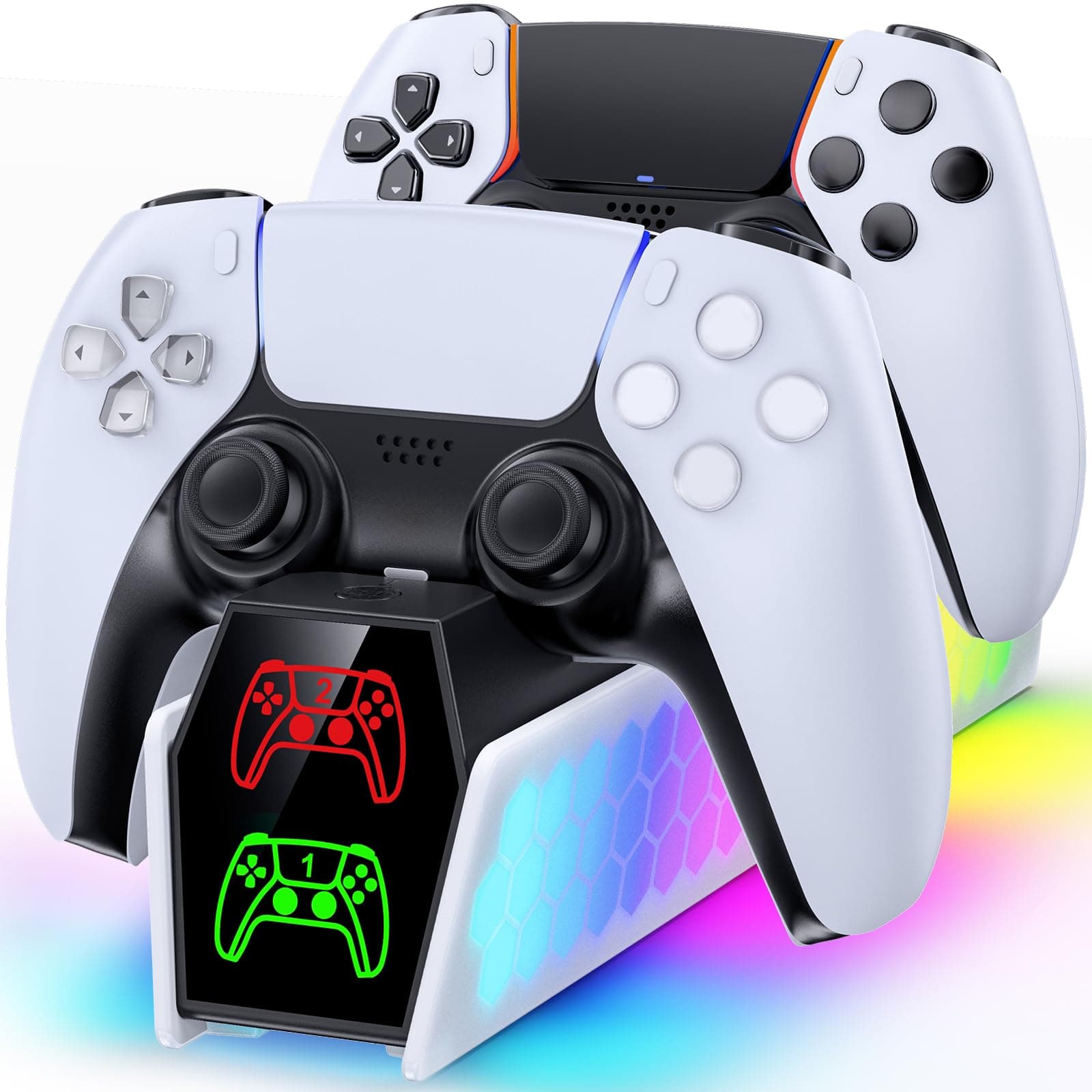 PS5 Controller Charger Station Compatible with DualSense & Edge Controllers, PS5 Charging Station Docking with RGB Light & LED Indicato for PlayStation 4 Interactive Gaming Figures