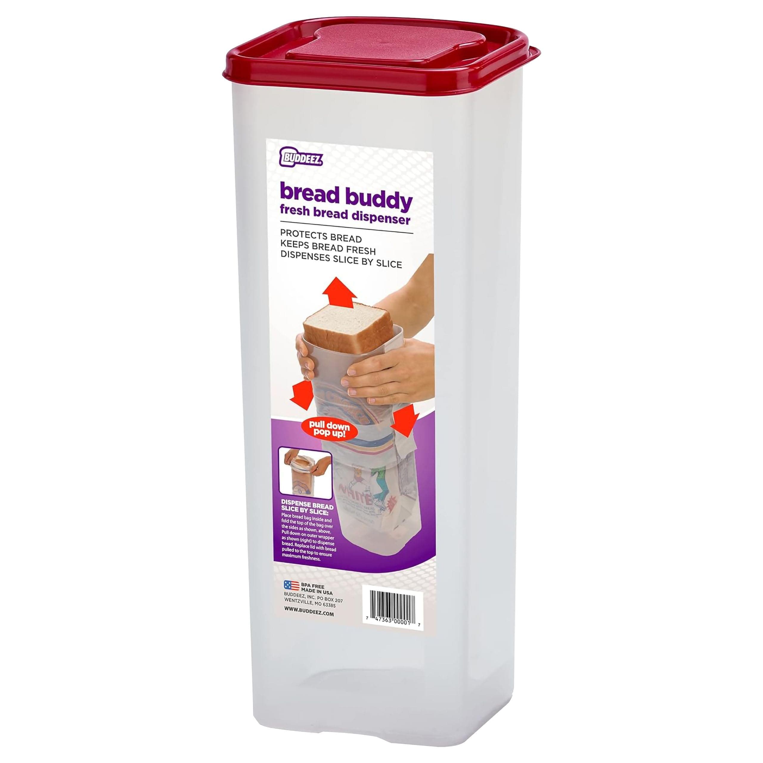 Buddeez Bread Buddy Bread Box – Fresh Bread Storage Container, Plastic Sandwich Bread Dispenser, Red Lid, Pack of 1