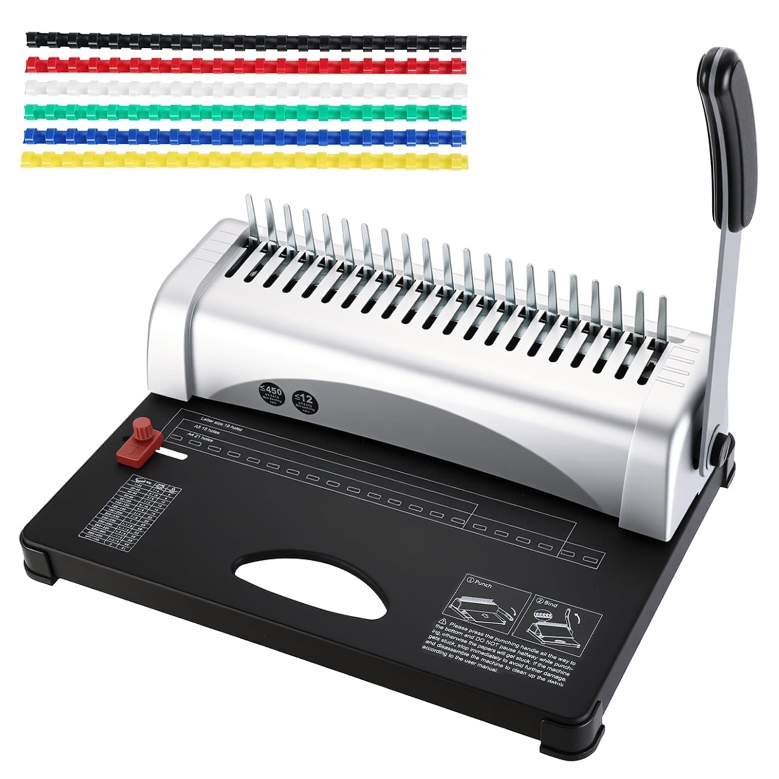 ATPEAM Comb Binding Machine 21-Holes 450 Sheets Capacity with 100 PCS 3/8'' Spines Comb Binding Machine for Letter Size, A4, A5