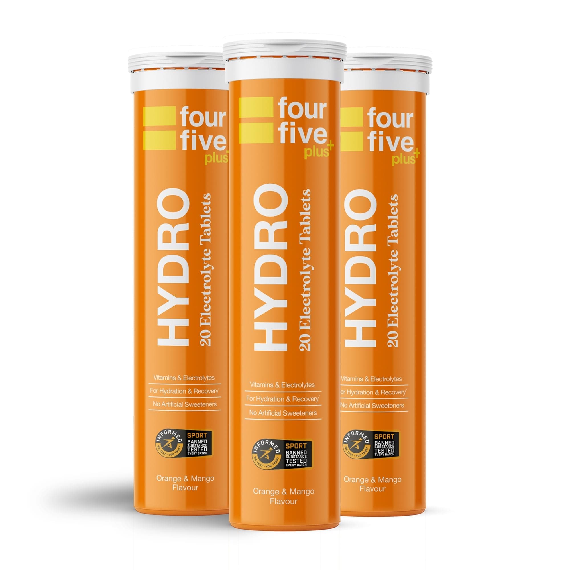 fourfive Hydration Tablets (Orange & Mango) Low Calorie Vitamin Electrolytes, Vegan, Magnesium & Calcium, Sports Hydration - 3x20 Effervescent Tablets