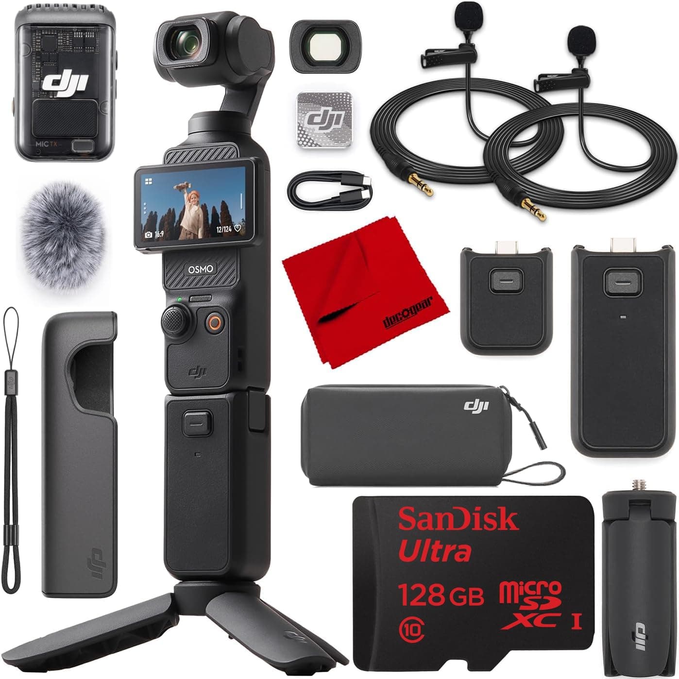 - Osmo Pocket 3 Creator Combo Vlogging Camera with Mic 2, 1'' CMOS, 4K/120fps Video, 3-Axis Stabilization, Face/Object Tracking, Fast Focus Bundle with Deco Gear 2 Lapel Microphones + 128GB Card