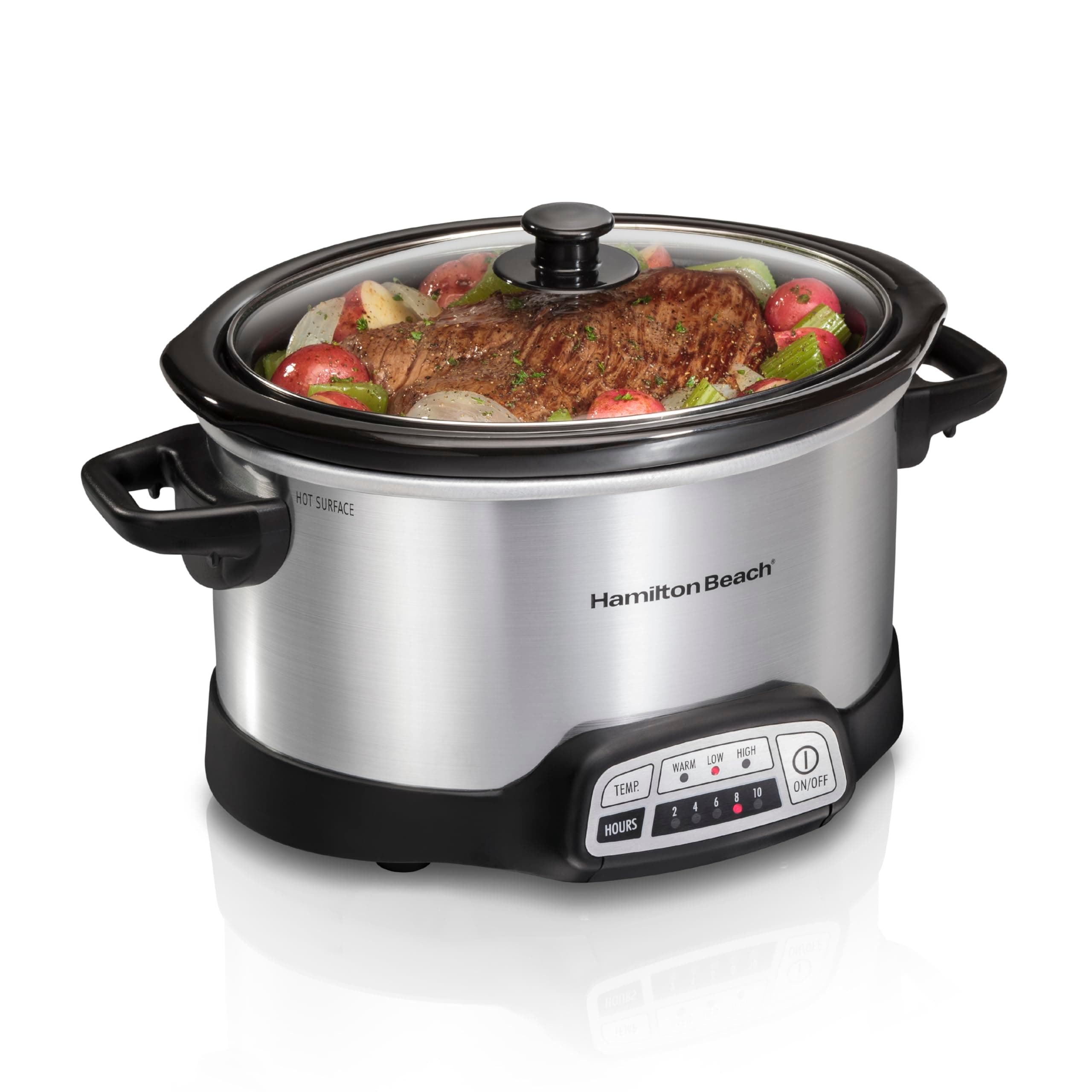 4 Quart Programmable Slow Cooker with Flexible Easy Programming, 5 Cooking Times, Dishwasher-Safe Crock & Lid, Silver (33443)