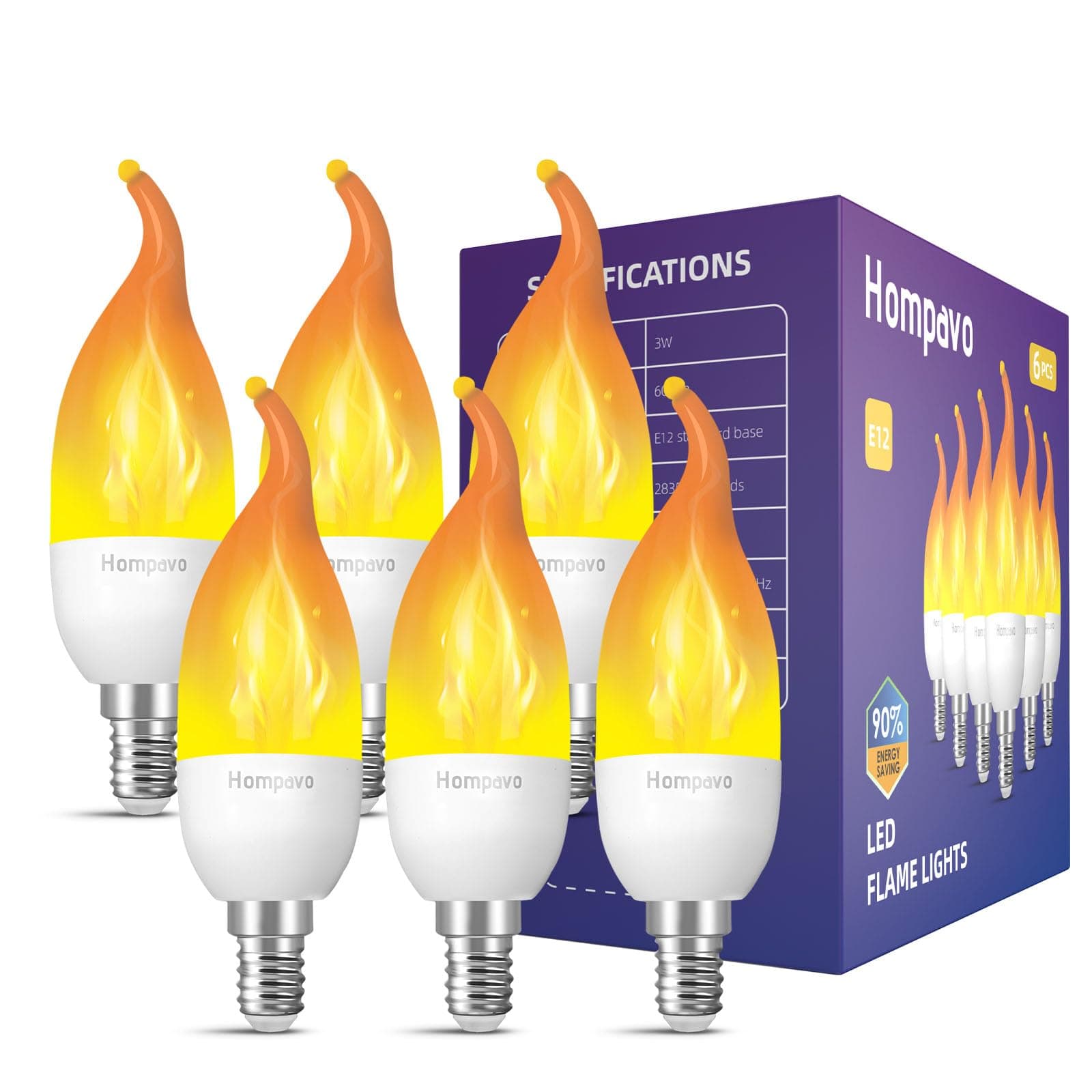 Hompavo 【Upgraded LED Flame Light Bulbs, 3 Modes Flickering Light Bulbs, E12 Chandelier Base Candle Fire Light Bulb for Christmas Halloween Party Porch Indoor & Outdoor Home Decoration - 6 Pack