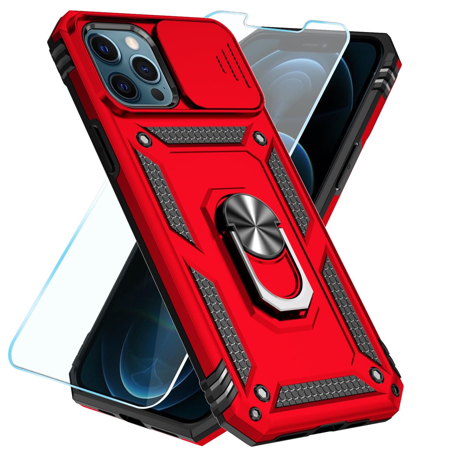 Compatible with iPhone 12 Pro Max Case with HD Screen Protector & Slide Camera Cover & Rotated Ring Kickstand, [Military-Grade] Phone Case for iPhone 12 Pro Max (Red)