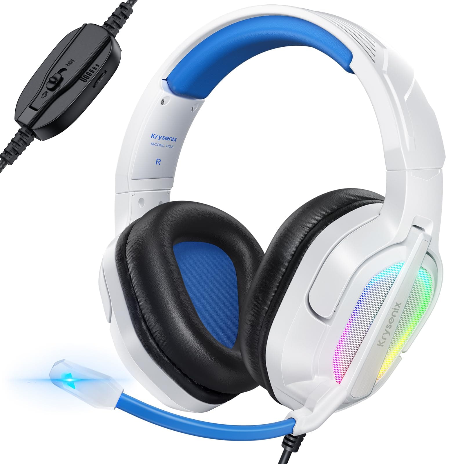 PG2 Gaming Headset for PS4, PS5, PC, Xbox One, Switch, Wired Gamer Headphones with AI Stereo Microphone Sound, Ergonomic Design Over Ear Computer Headset with 3.5mm Jack & LED White/Blue