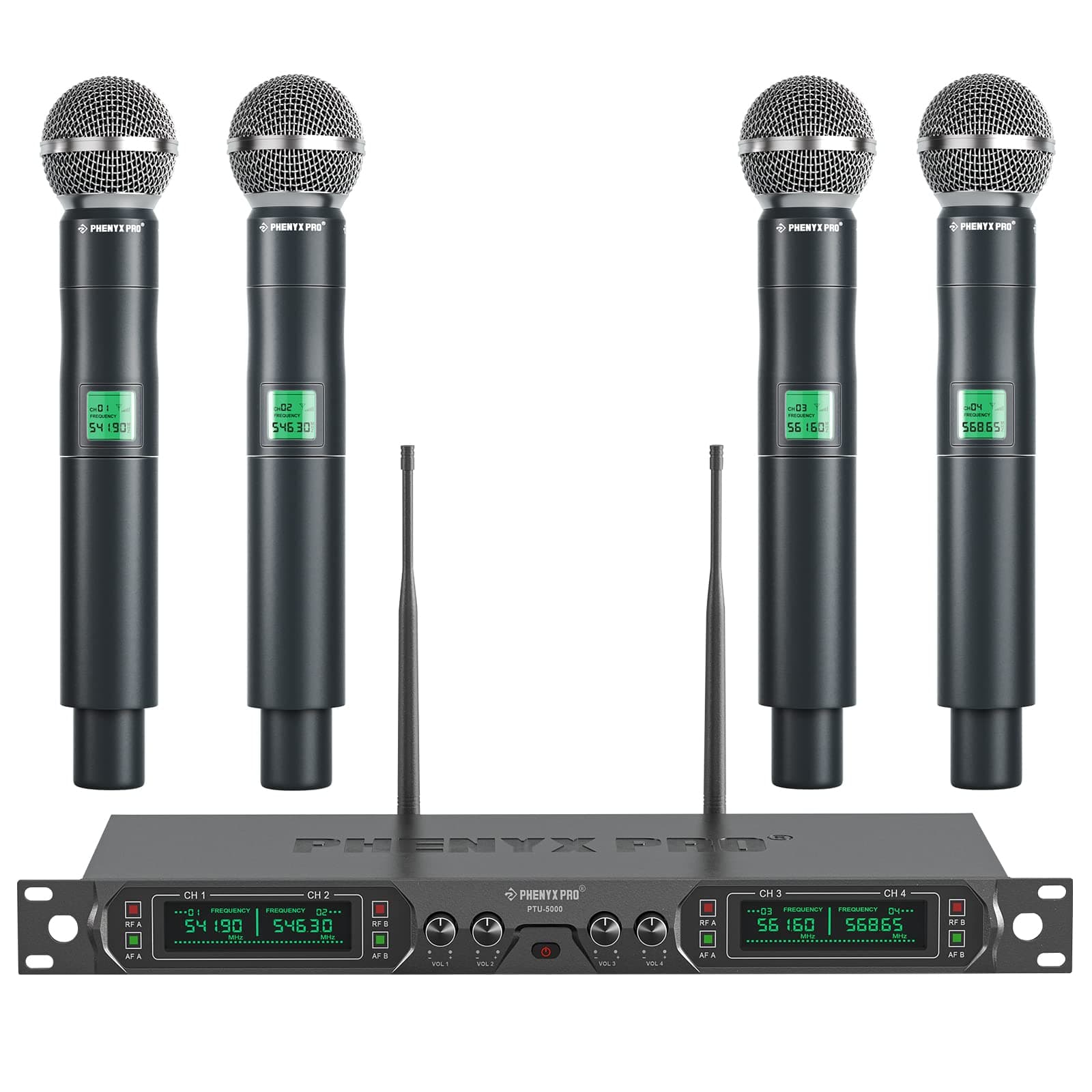Phenyx Pro Wireless Microphone System, 4-Channel UHF Cordless Mic Set With Four Handheld Mics, All Metal Build, Fixed Frequency, Events (PTU-5000A)