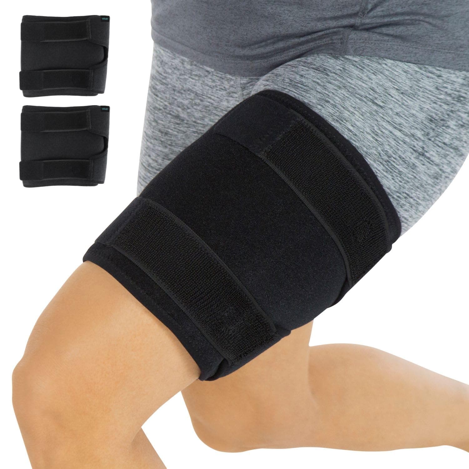 VIVE Thigh Brace Hamstring Wrap Compression Sleeve Trimmer Support For Pulled Hamstring Muscle Sprains Quadriceps Tendinitis Workout Cellulite Sports Injury Recovery 2-Pack Black