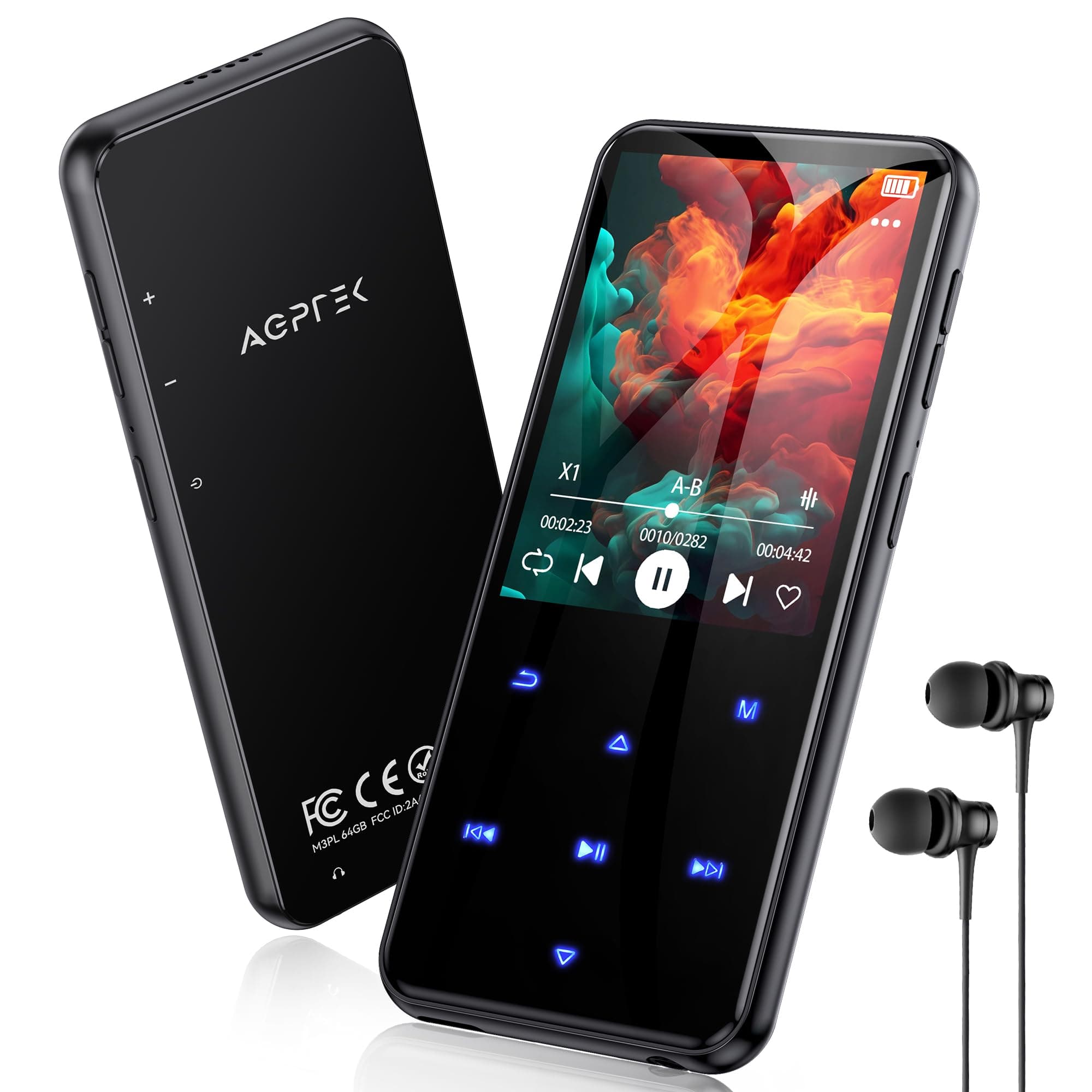AGPTEK MP3 Player with Bluetooth 5.3, 64GB Internal Memory Expandable up to 128GB, 2.4 Inch Music Player with Speaker and FM Radio, Earphone Included