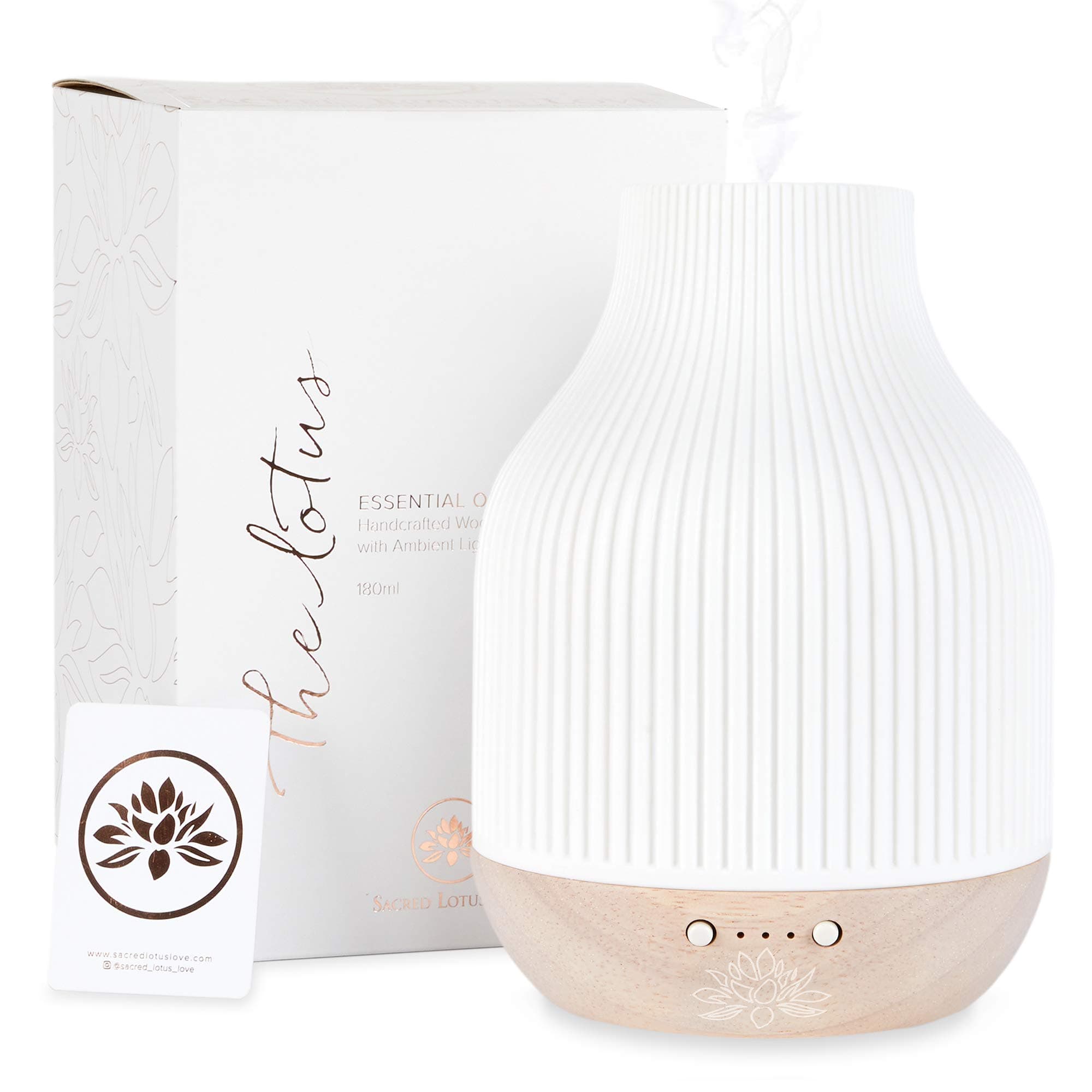Ceramic Essential Oil Diffuser – Ultrasonic Aroma Diffuser with Wood Base, Ambient LED Light and Timer Settings