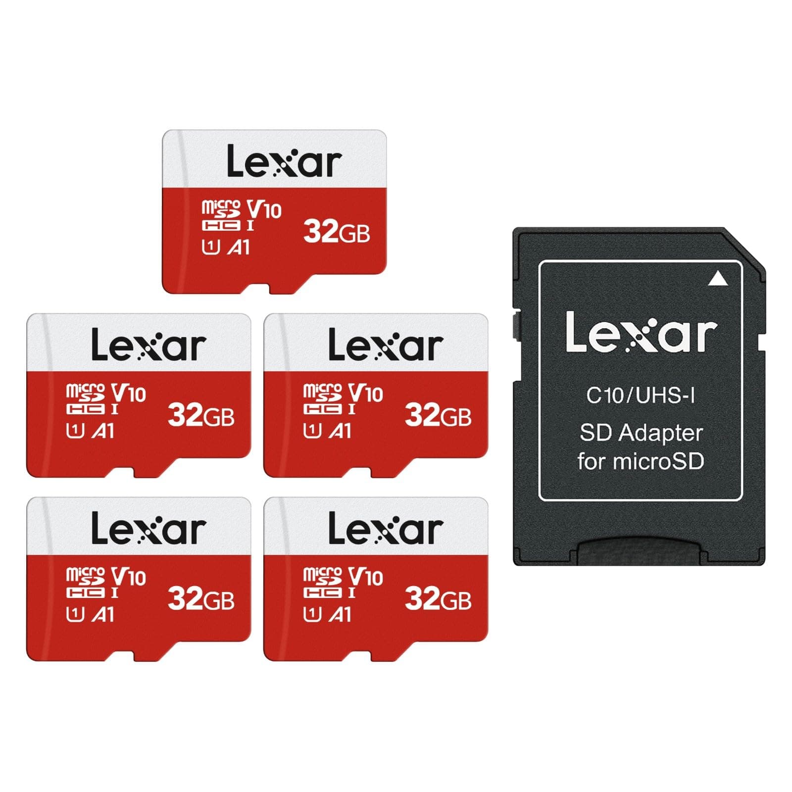 – Lexar E-Series 32GB Micro SD Card 5 Pack, microSDHC UHS-I Flash Memory Card with Adapter, 100MB/s, C10, U1, A1, V10, Full HD, High Speed TF Card