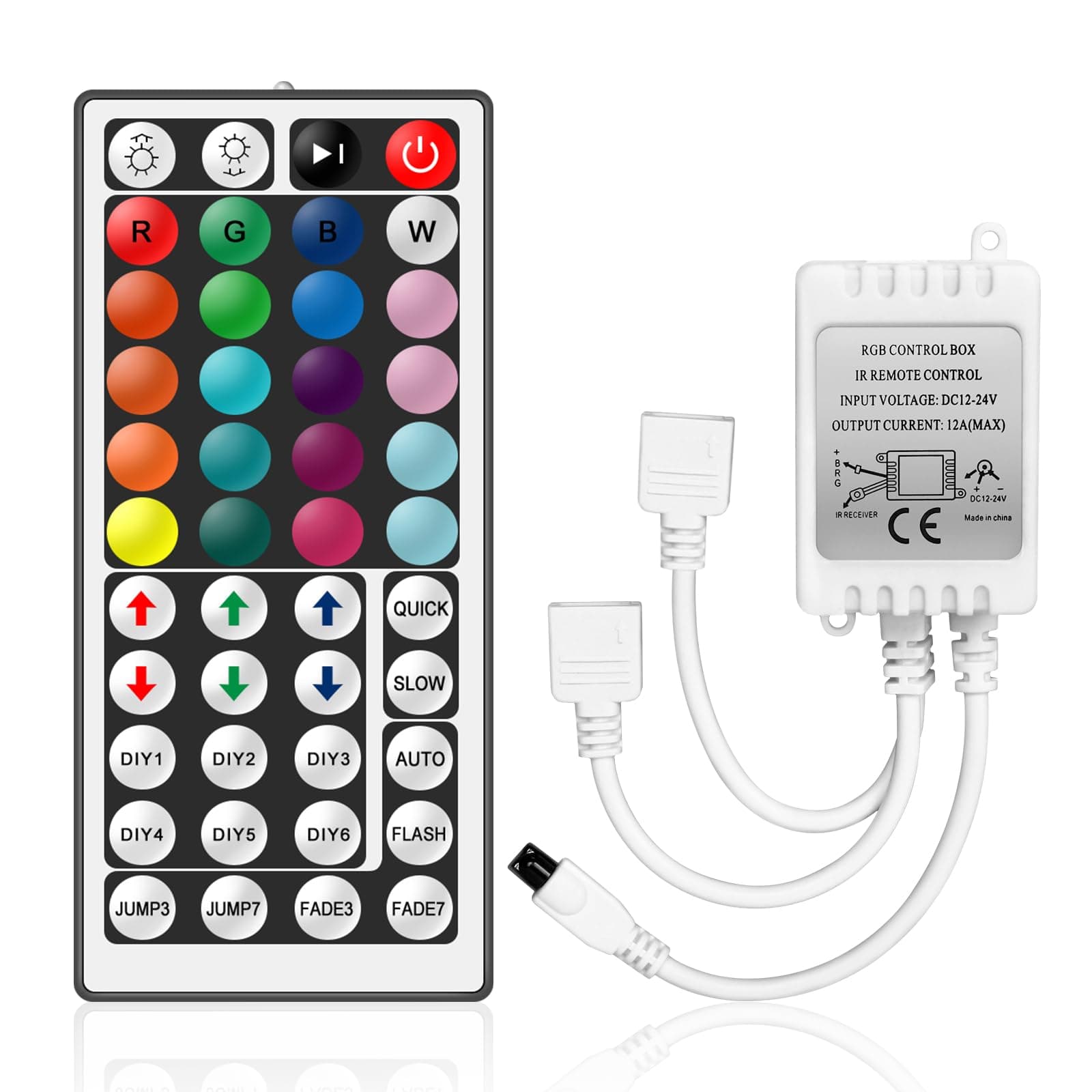 VIPMOON 44-Key LED Remote Controller DC 12V-24V 4 Pin 2 Ports RGB Controller Box Wireless IR Remote Controller with Receiver for RGB 3528 5050 2835 LED Strip Light - Dual Outputs