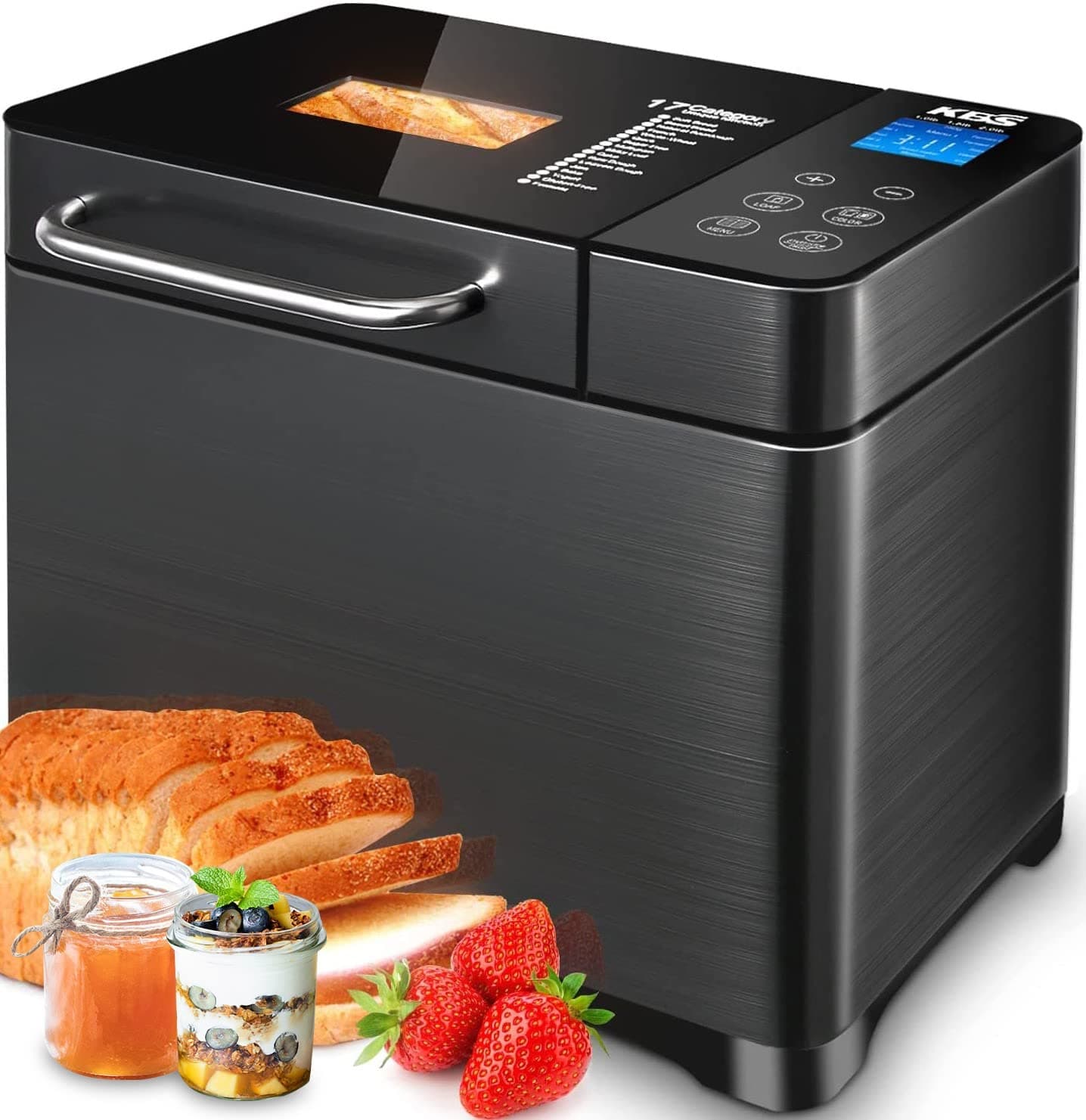 KBS 17-in-1 Bread Maker,710W Dual Heaters Bread Machine,2LB Stainless Steel Bread Maker Machine with Nut Dispenser&Ceramic Pan,15H Timer&1H Keep Warm,Gluten-Free,Touch Panel,3 Loaf Sizes3 Crust Colors