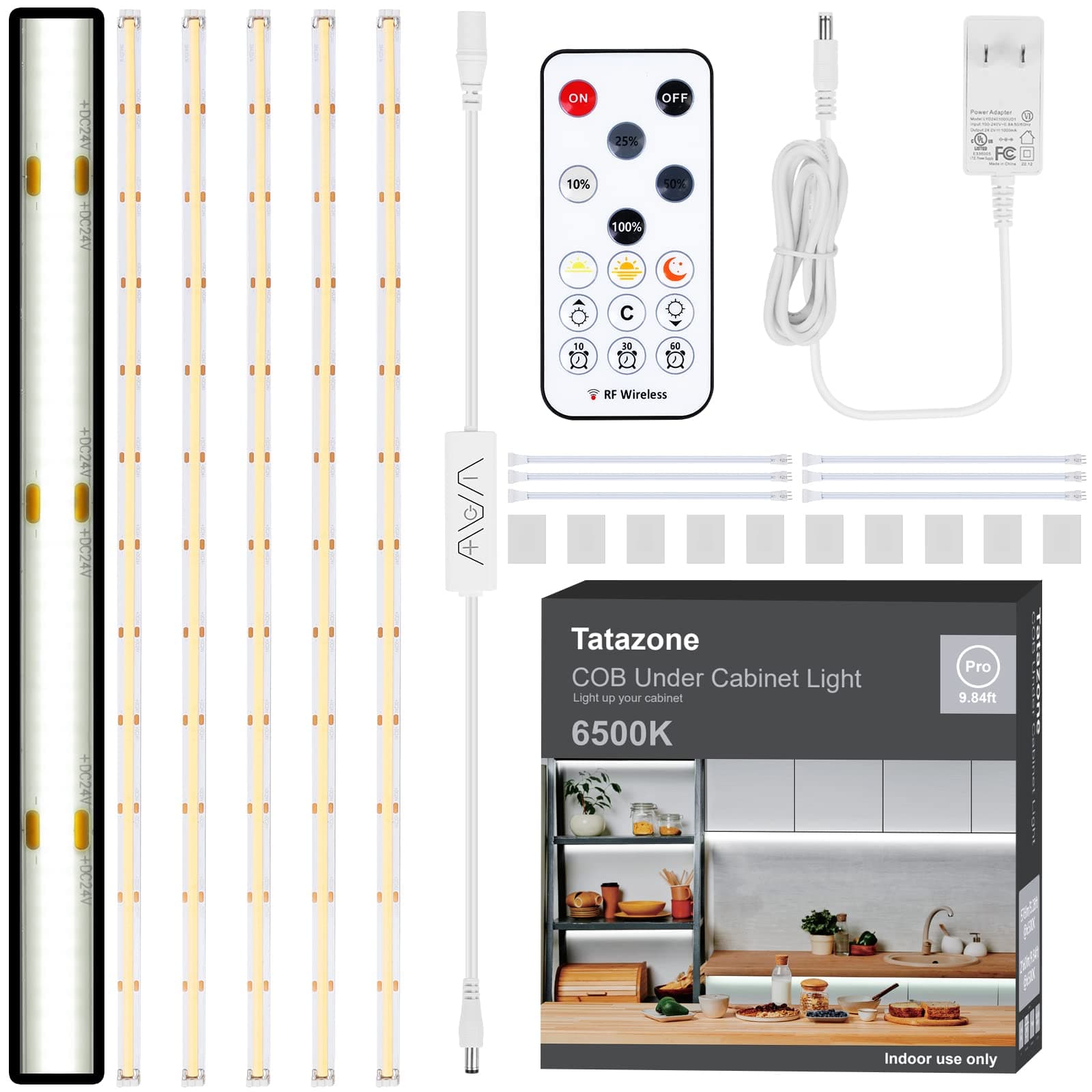 6pcs COB Under Cabinet Lighting with RF Remote, 9.84ft 6500K Bright Dimmable COB Under Cabinet Lights Bar, Flexible Indoor LED Strip Light for Kitchen Cabinet, Shelf, Counter, Cupboard