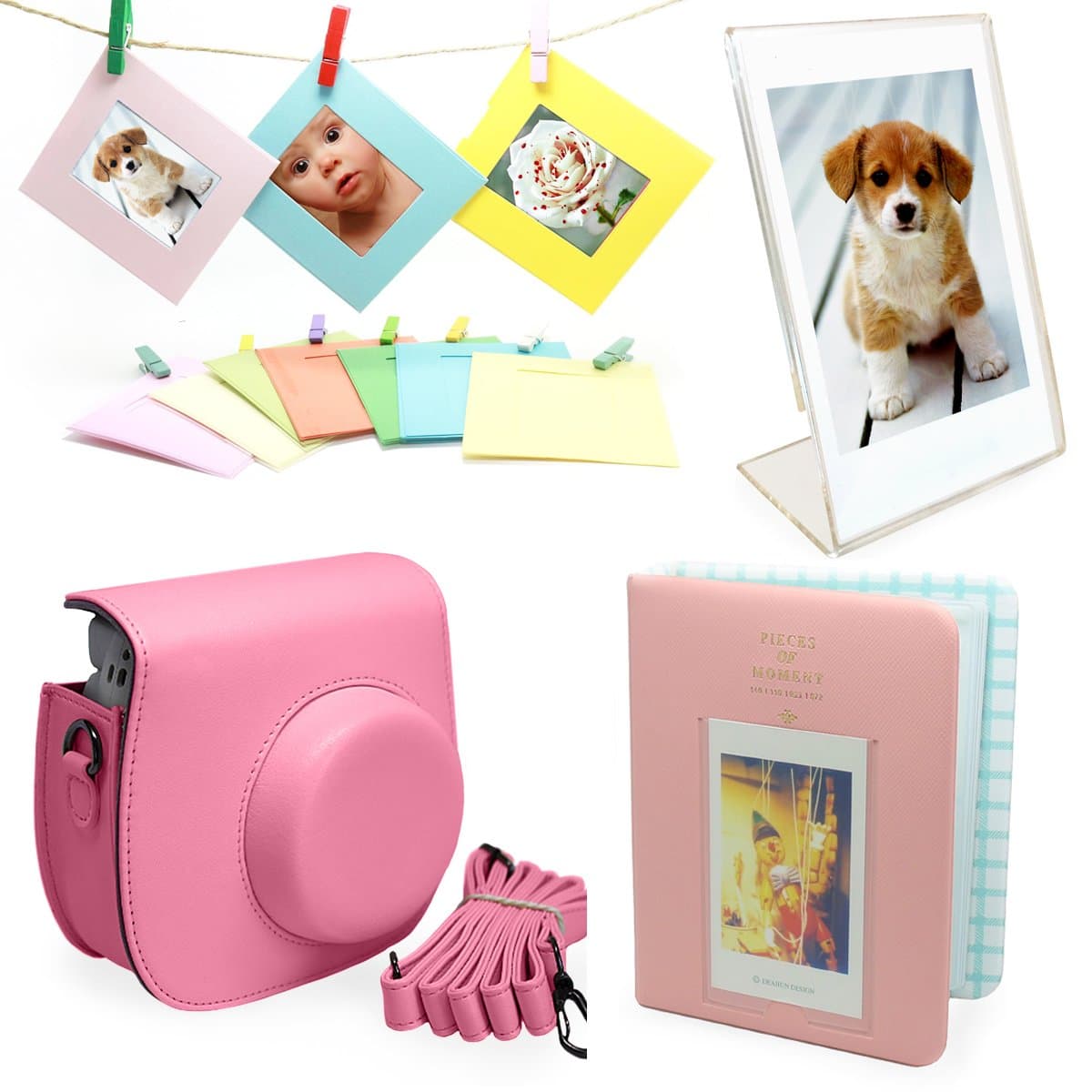 Fujifilm Instax Mini 8 Instant Camera Accessories Bundle [Includes: Pink Case, Shoulder Strap, Pink Photo Album, Clear Photo Stand for Instant Film Photos, Colorful Frames with Clips and Rustic Twine Rope for Hanging]
