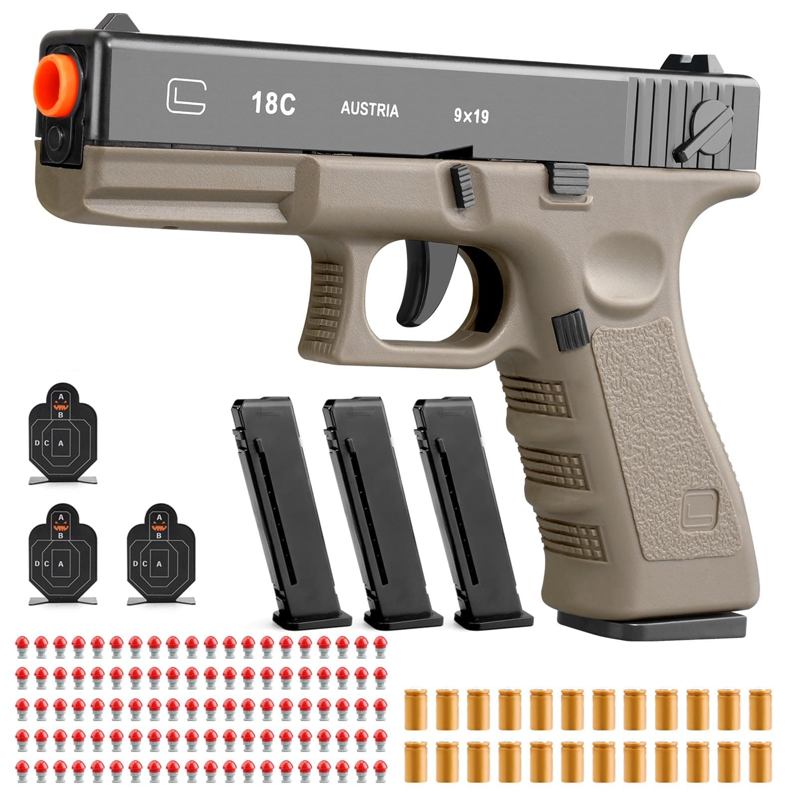 Soft Bullet Gun Toy - Semi-Automatic Handgun with Shell Ejection and Auto Rebound， Tactical Target Shooting Game (Orange Safety Tip/No Batteries) 14+ (Khaki)