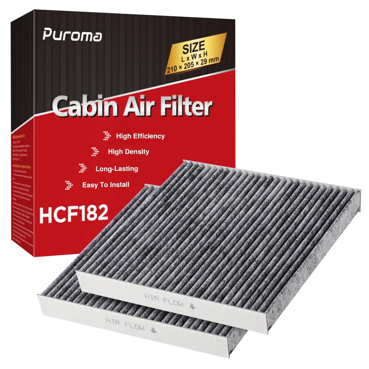 2 Pack Cabin Air Filter with Activated Charcoal Layer Replacement for CP182, CF11182, Honda Civic, Clarity, CR-V, CR-Z, HR-V, Fit, Insight, Odyssey, Acura MDX, RDX, TLX, INTEGRA