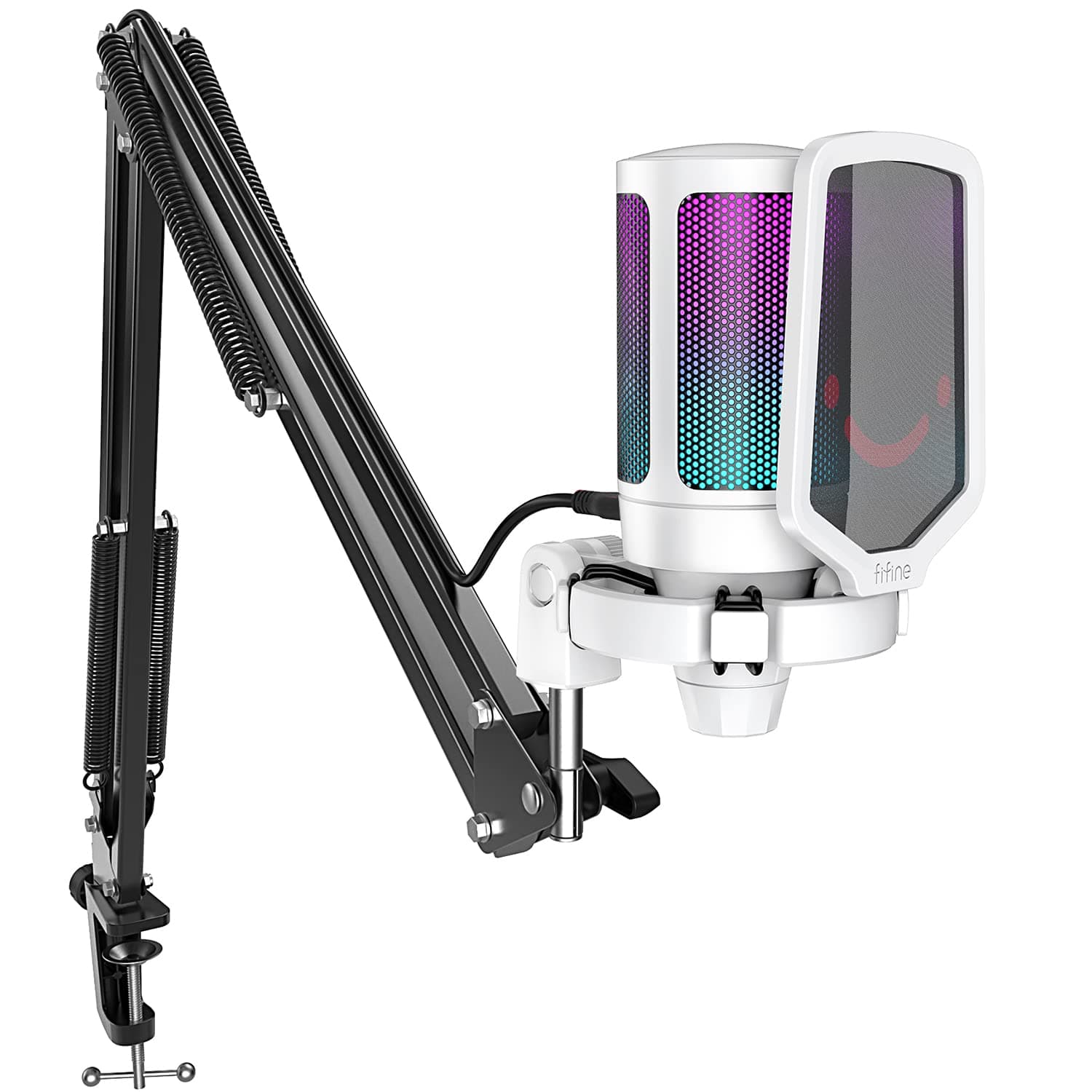 FIFINE Streaming Gaming USB Microphone Kit, PC Condenser RGB Mic Compatible with PS4/PS5, Plug and Play for Music Recording, Online Game, Discord, Twitch, with Pop Filter, Shock Mount-A6T White