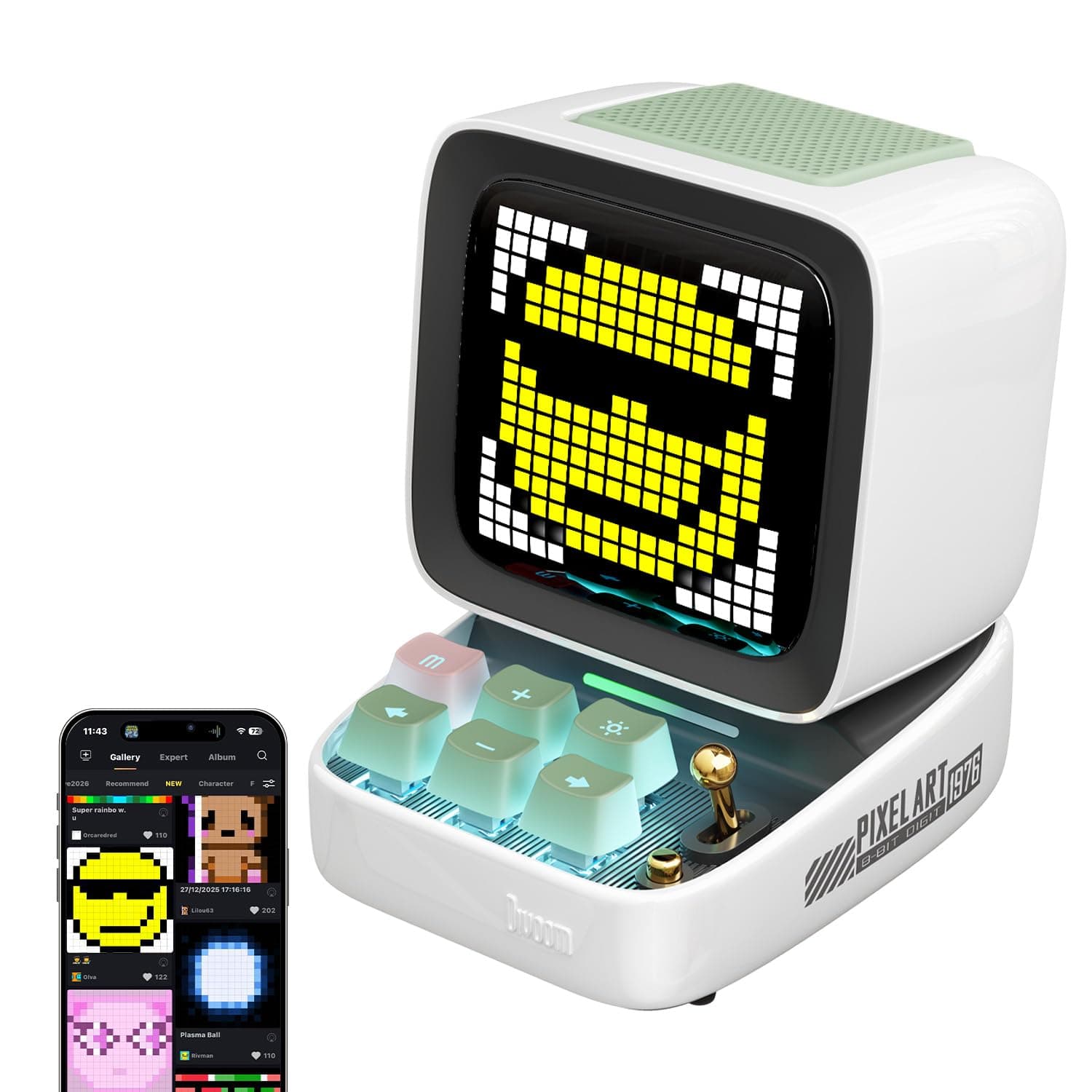 divoom Ditoo Portable Bluetooth Speaker with Retro Pixel Screen, Smartphone App Control/RGB Backlit Mechanical Keyboards (White)