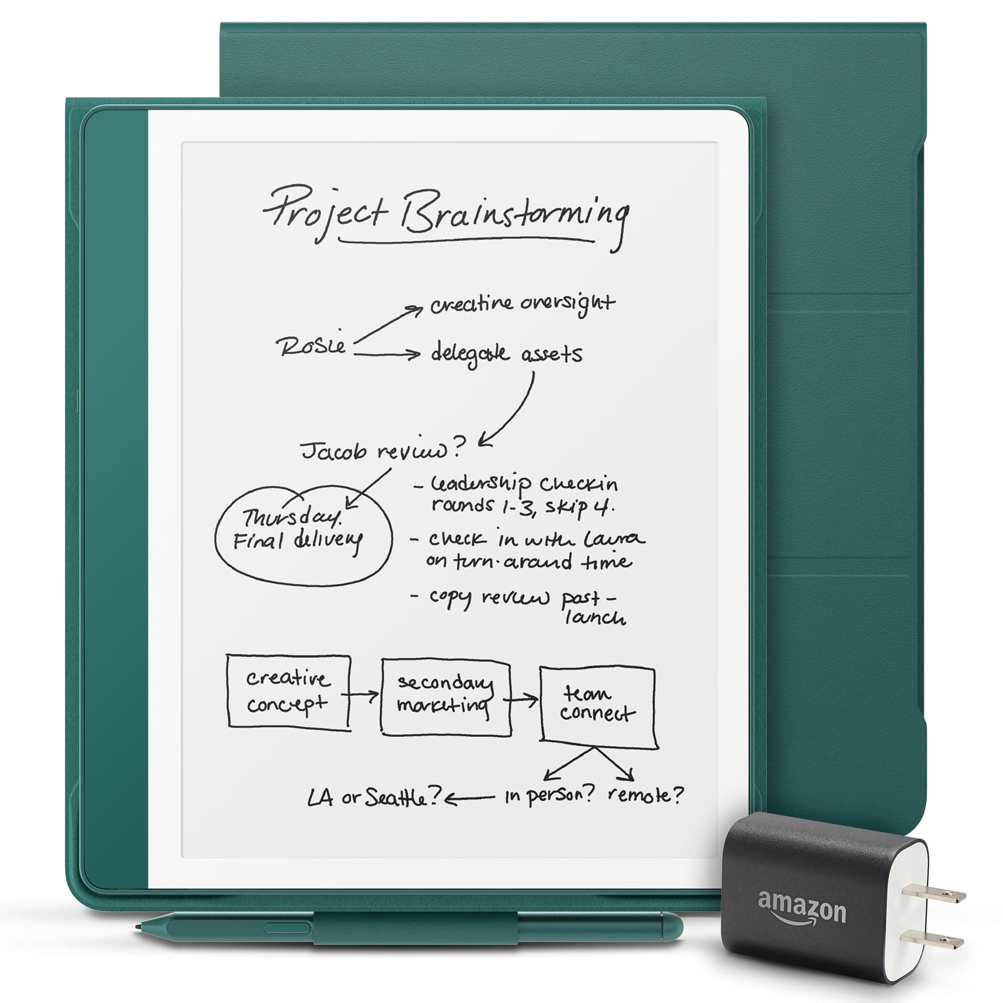 Amazon Kindle Scribe Essentials Bundle including Kindle Scribe (64GB) - Metallic Jade, Premium Pen, Plant-Based Leather Folio-Jade, and Power Adapter