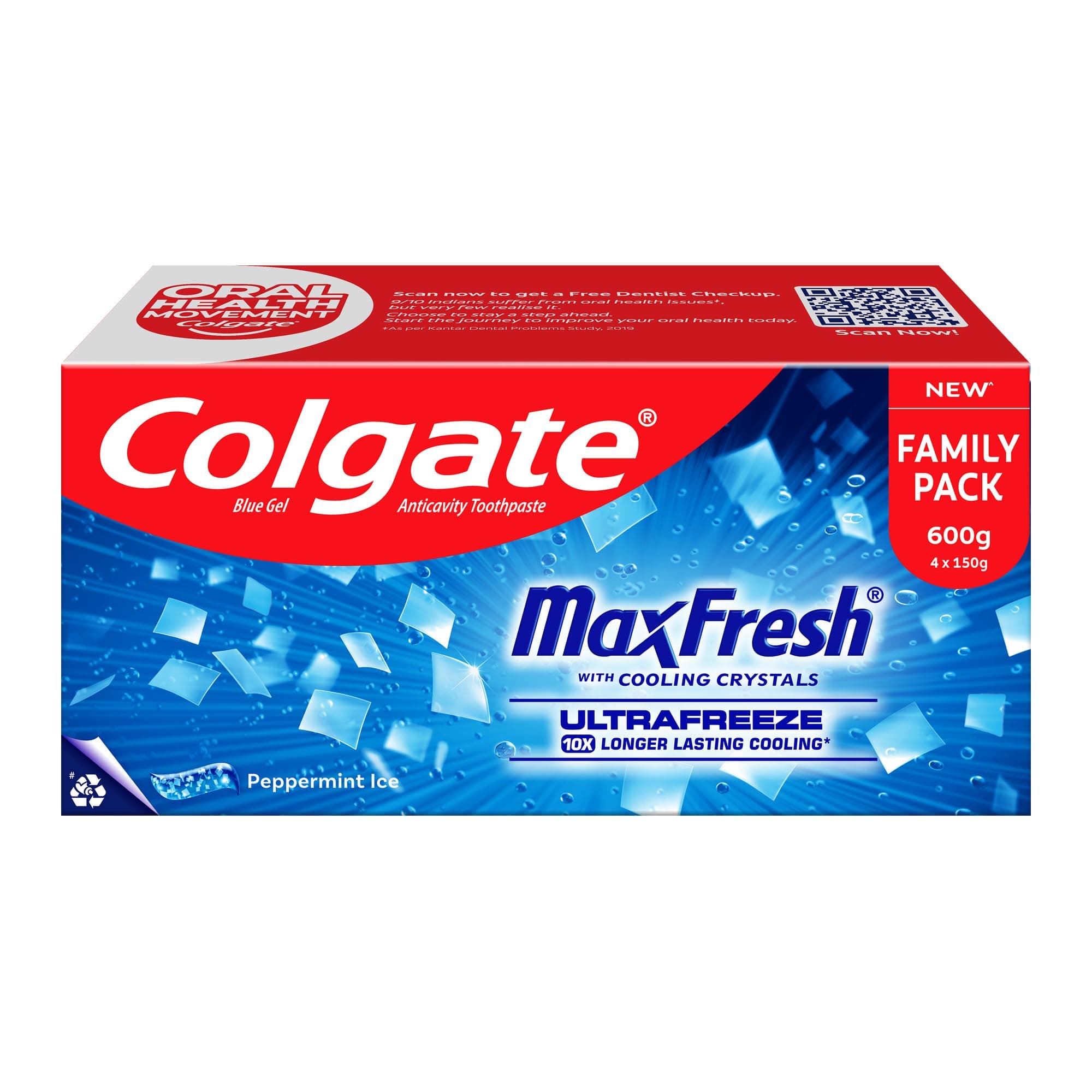 MaxFresh Toothpaste, Blue Gel Paste with Menthol for Super Fresh Breath, 600g, 150g X 4 (Peppermint Ice, Combo Pack)