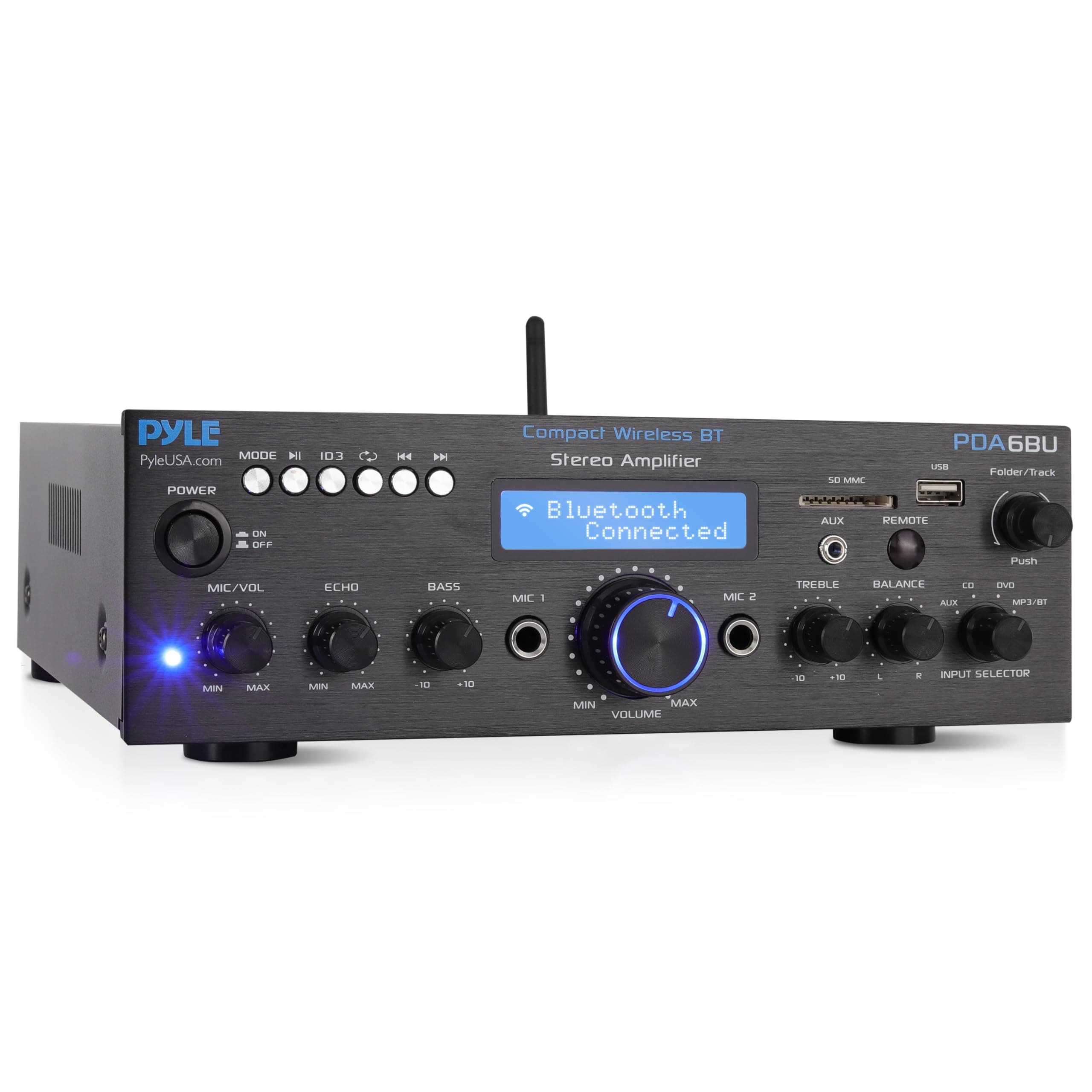 Pyle Wireless Bluetooth Power Amplifier System - 200W Dual Channel Sound Audio Stereo Receiver w/ USB, SD, AUX, MIC IN w/ Echo, Radio, LCD - For Home Theater Entertainment via RCA, Studio Use - PDA6BU