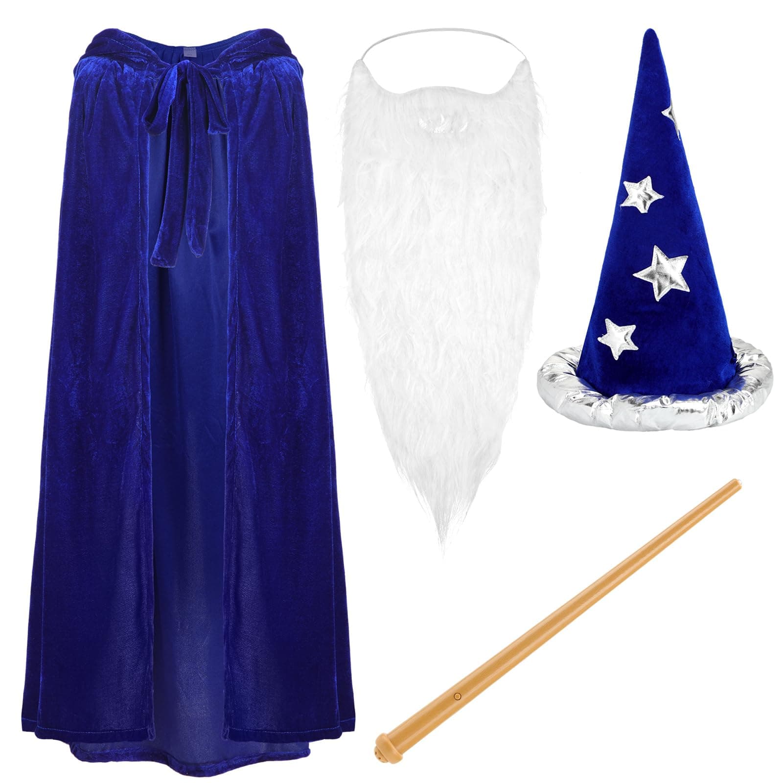 Ramede 4 Pcs Wizard Costume Magic Wizard Costume Wizard Hat Blue Cloak Beard and Wand for Halloween Party Costume