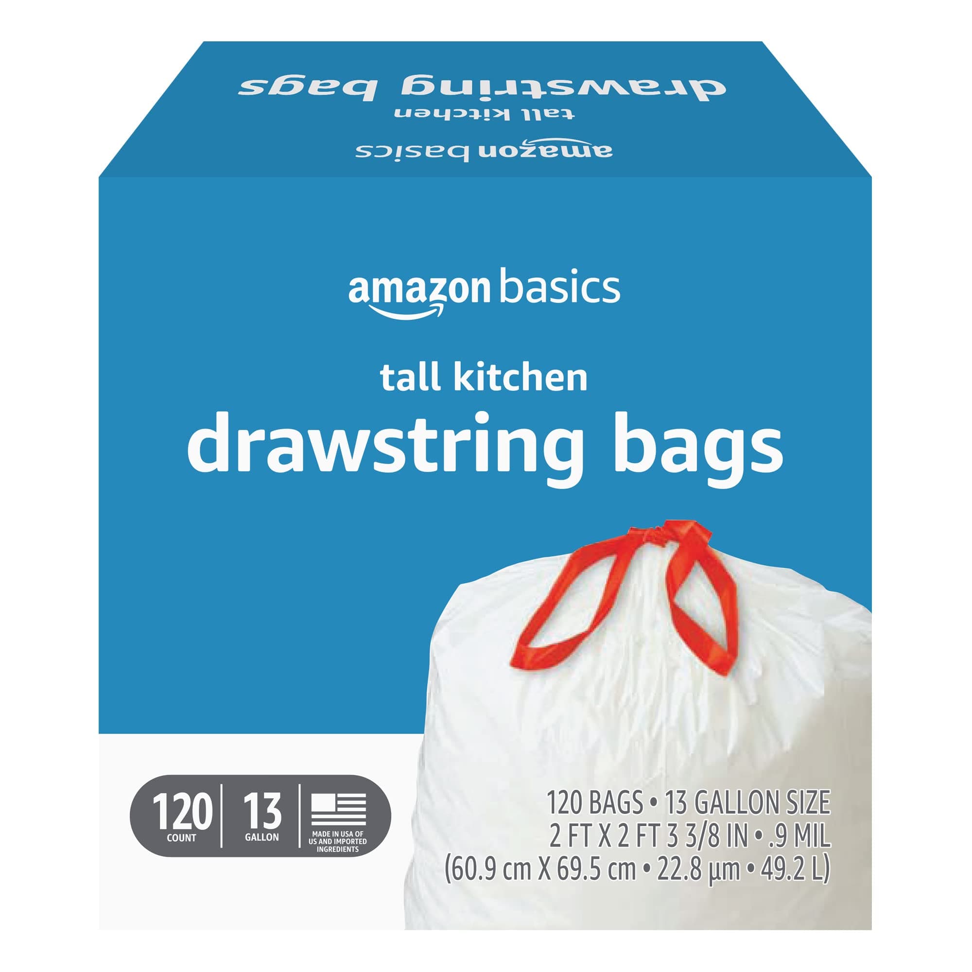 Amazon Basics Tall Kitchen Drawstring Trash Bags, Sturdy and Tear Resistant, 13 Gallon, Unscented, 120 Count