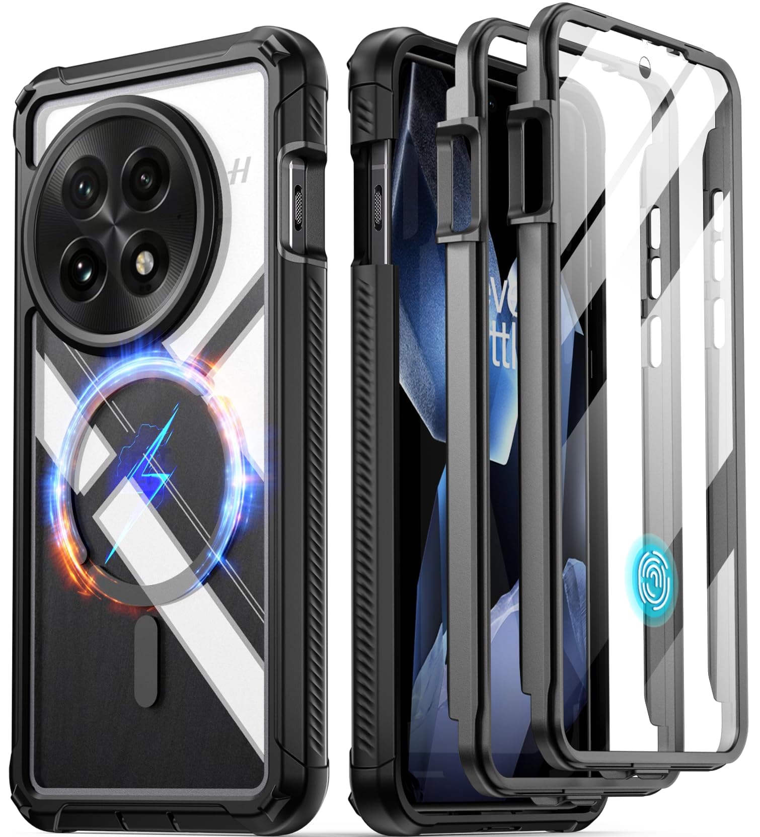Guardian Case for OnePlus 13 5G, Built-in Screen Protector [Work with Fingerprint ID], [2 Front Frame] Full Body Shockproof Rugged Clear Cover Case, Black/Clear