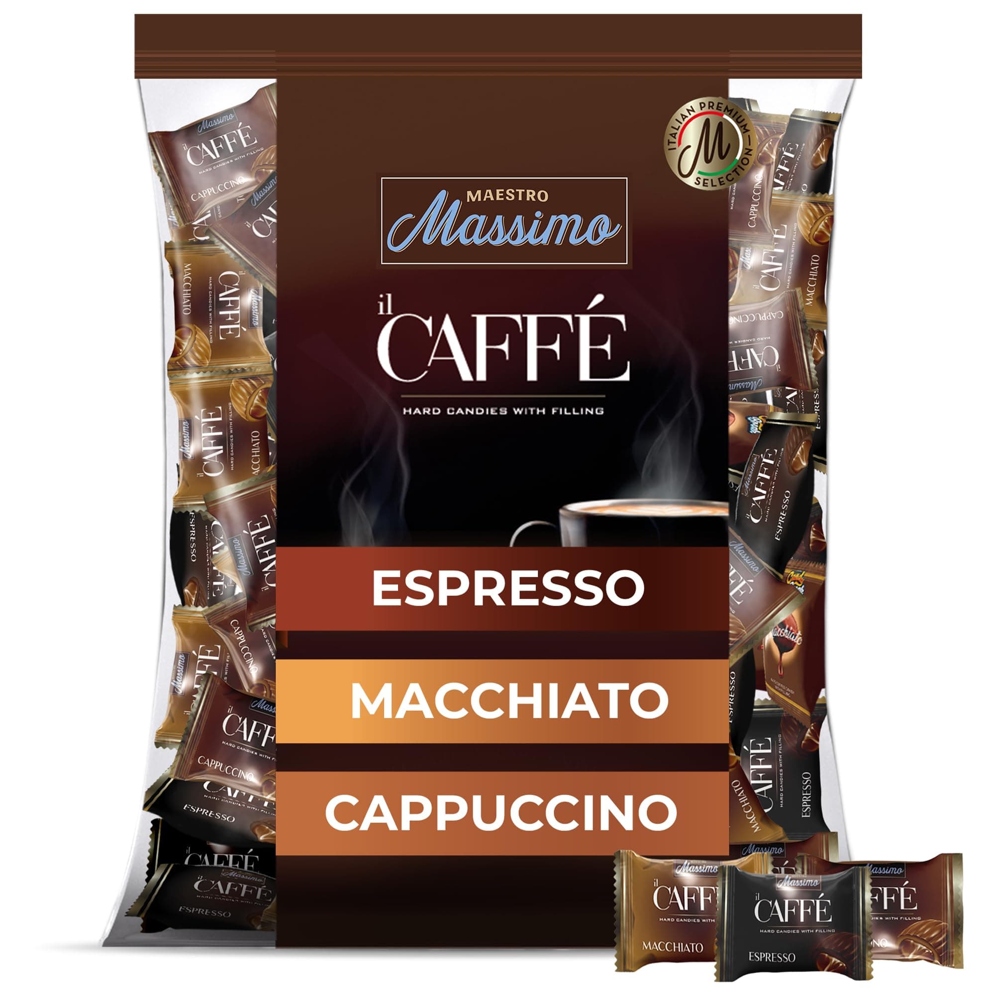 Maestro Massimo Assorted Coffee Candy - Individually Wrapped 7.05 oz Bag, 3mg Caffeine per Hard Candy, Original Espresso, Macchiato, Cappuccino Flavored, Made with Bold Arabica Coffee (Pack of 1)