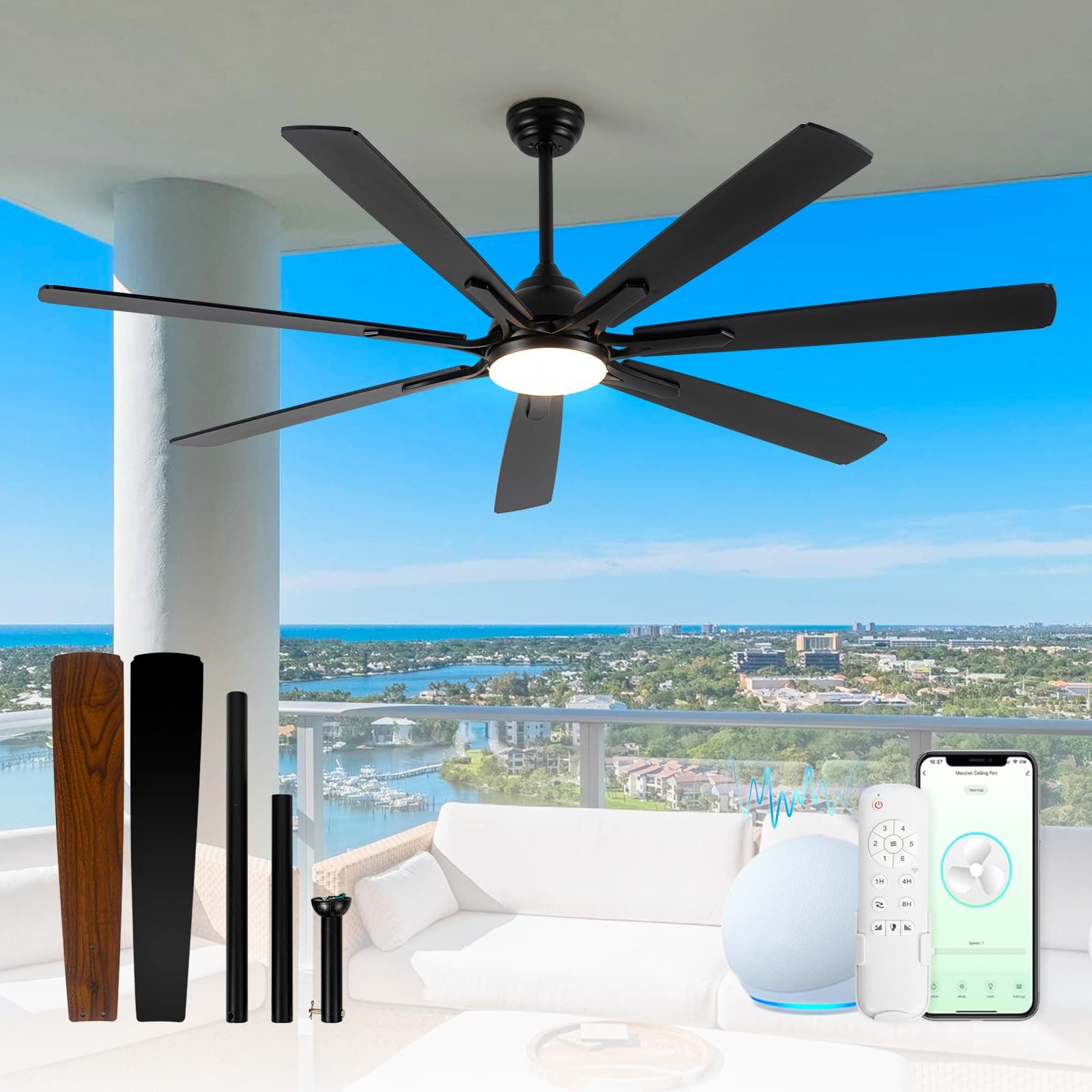 72" Large Smart Ceiling Fan with Light Remote Control via WIFI Alexa,6-Speeds Quiet DC Motor,Dimmable,Indoor Outdoor Black ceiling fan for Living Room,Patio,Dual Finish 7 Blades