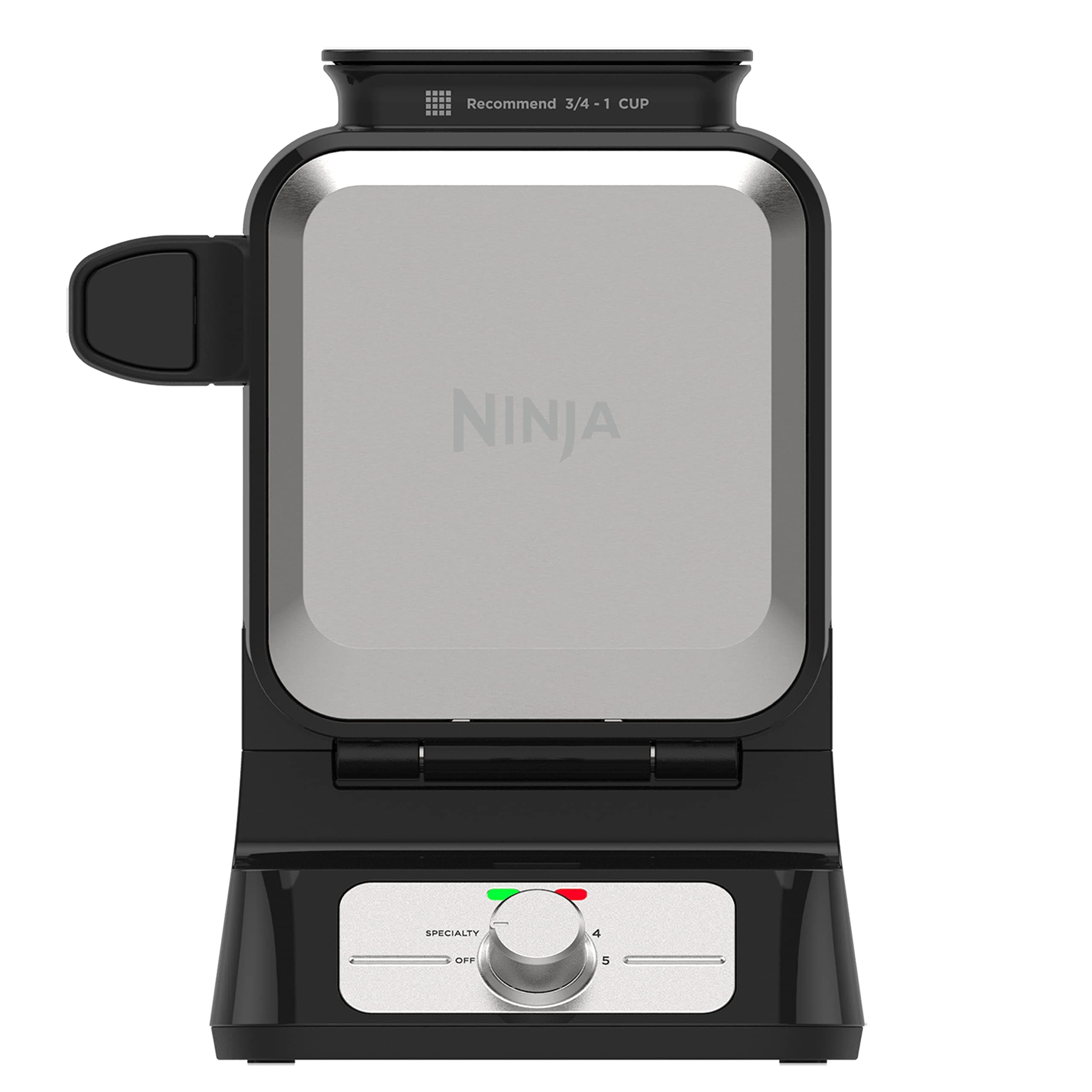 Ninja Belgian Waffle Maker Pro | Vertical Design | 5 Shade Settings with Precision-Pour Cup & Chef-curated Recipe Guide | Black & Silver | BW1001