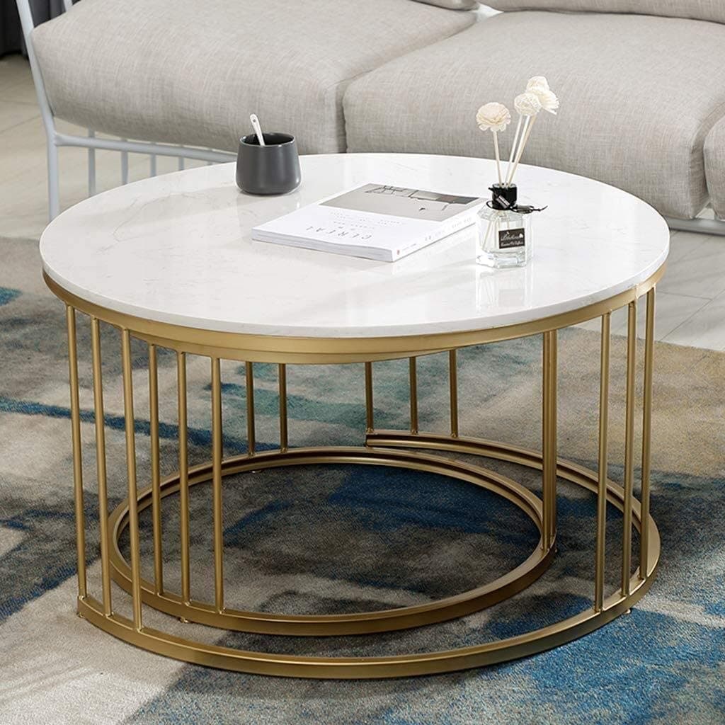 Round Coffee Table/Sofa Table/Center Table with Waterproof Marble Finish Wooden Top 21x21 inches (Golden & White) (Classic)